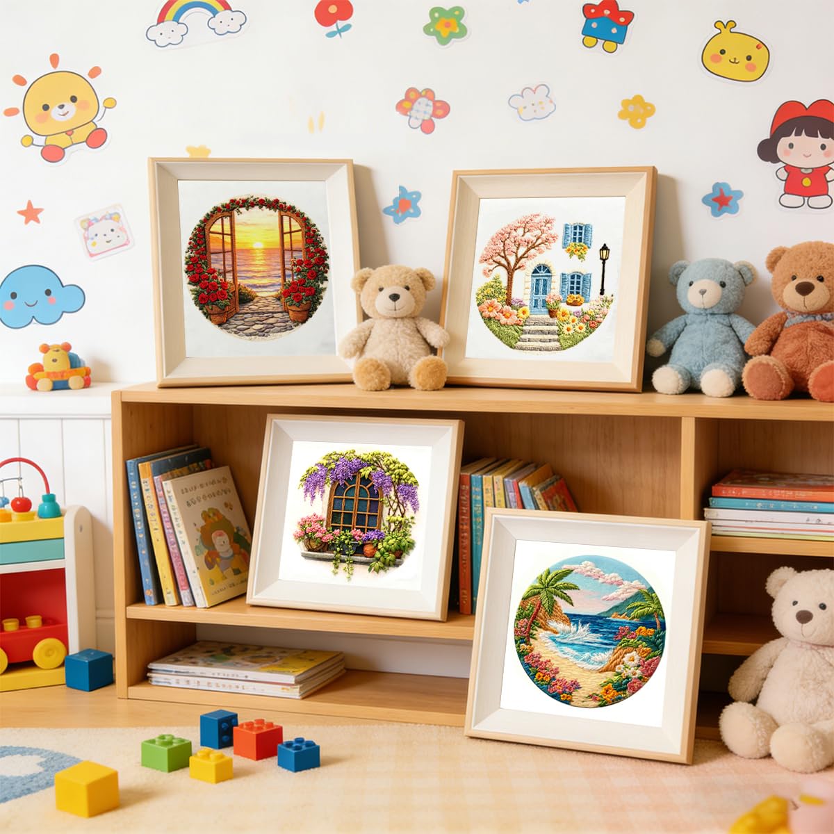 Zhenqing 4 Landscape Scenes Embroidery Kit for Beginners, 4-Pack Circular Designs with 20cm Hoop, Pre-Printed 29x29cm Cotton Fabric & Threads for Home Decor (JC0038)