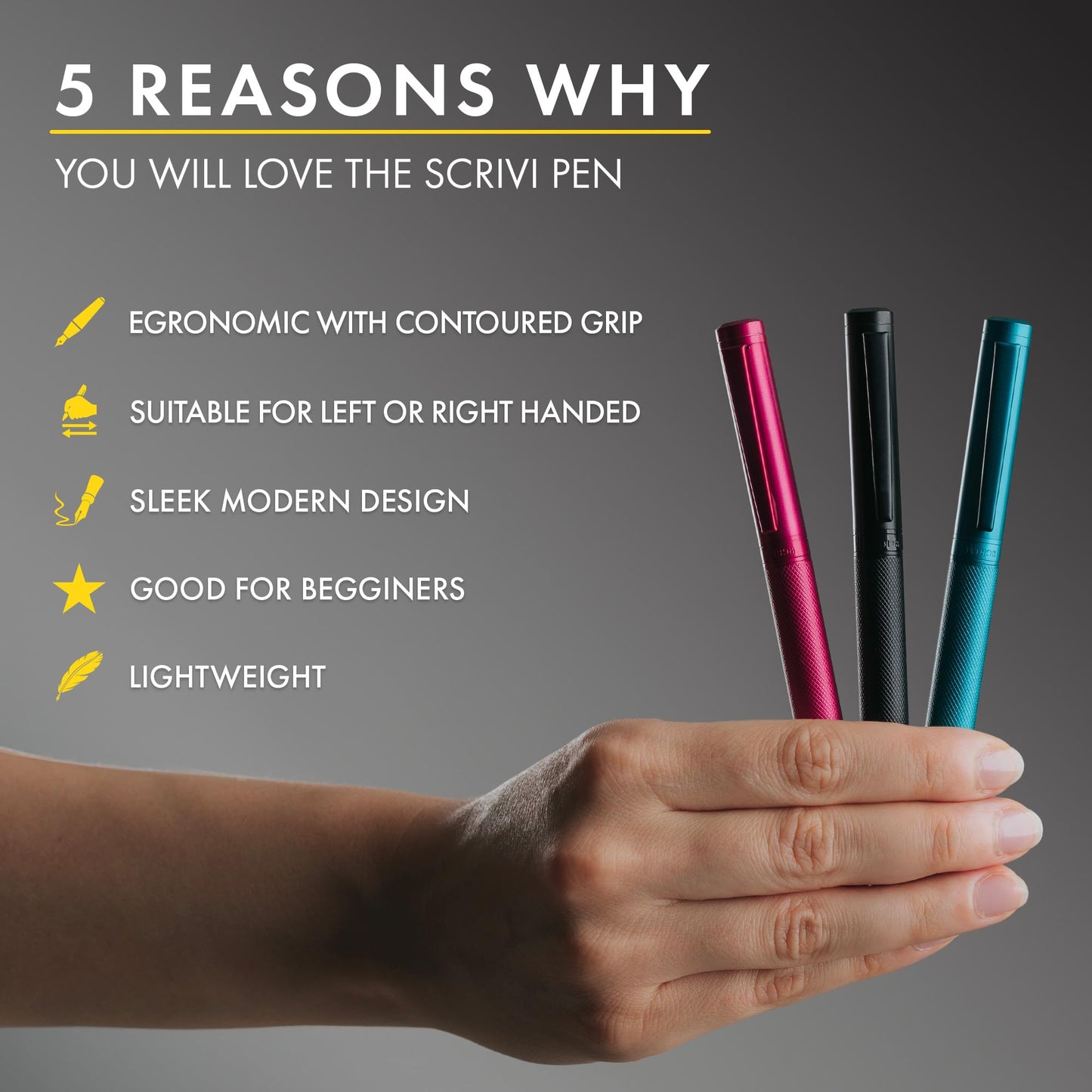SCRIVI PENS Luxury Fountain Pen Set-[Black] Fountain Pens for Writing - Smooth Medium Nib - Includes Refillable Ink Converter, 5 Ink Cartridges [Black & Blue], Gift Box - Elegant Calligraphy