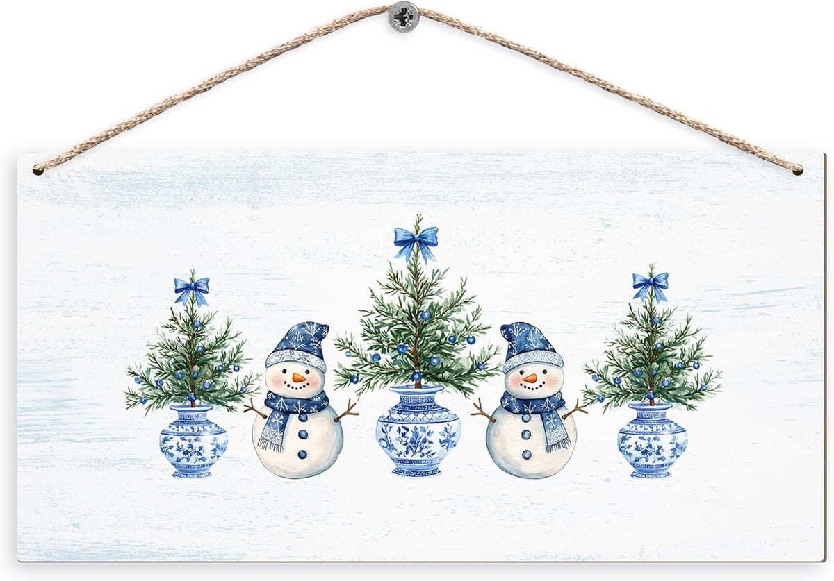 DUXMNAMG Chinoiserie Snowman Winter Hanging Wooden Signs 12x6, Blue and White Porcelain Snowman Sign, Winter ChristmasTree Blue Bow Snowman Chinoiserie Signs for Home Room Office Hanging Wall Decor