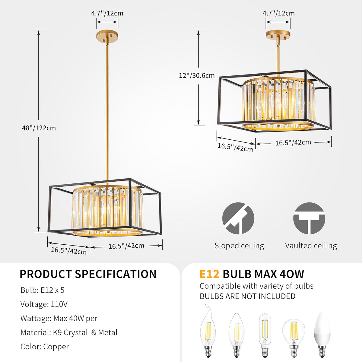 5-Lights K9 Crystal Chandelier, Modern Style Pendant Light Fixture for Dining Room, Bedroom & Living Room, Gold & Black Finish, L16.5 * W16.5 * H12~48 inch (Adjustable Height)