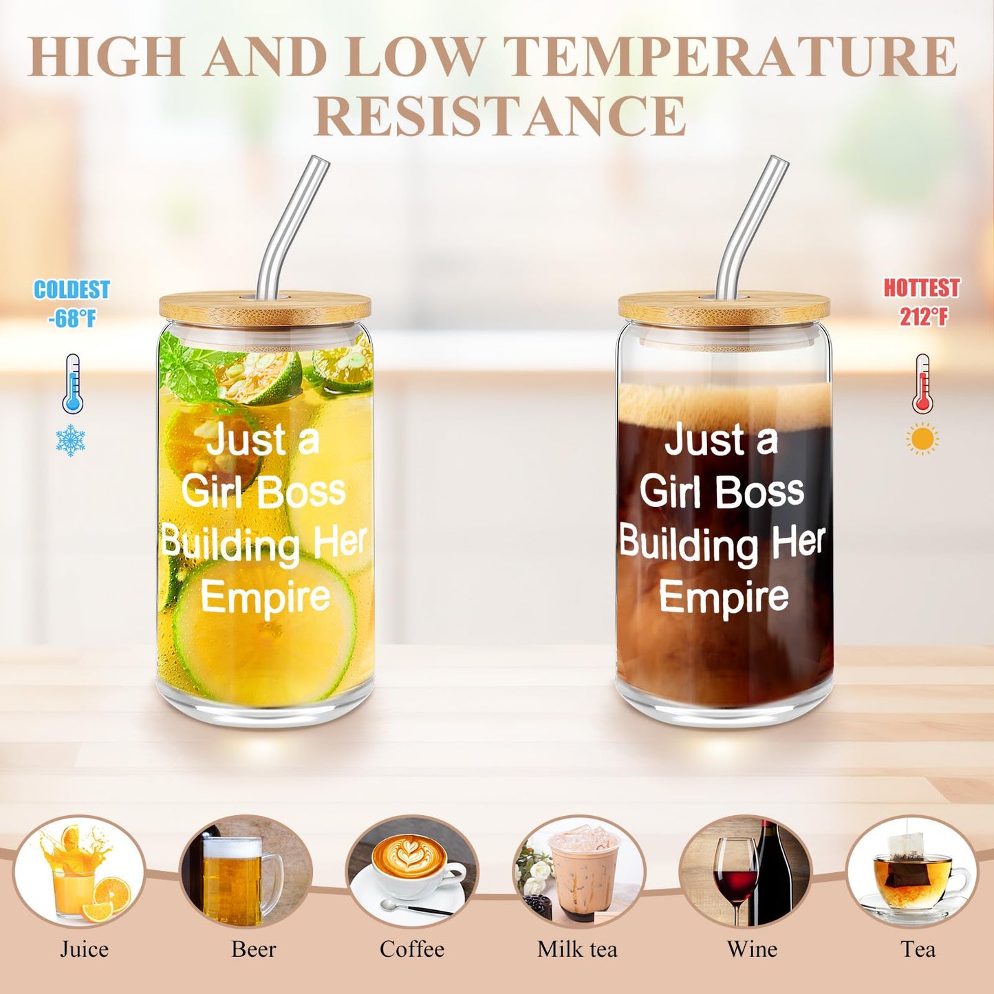 SiliFine Khaki 7 Pcs Boss Gift Sets for Women Her Lady, Best Boss Appreciation Gift 16 oz Glass Cup Lady Makeup Bag Keychain A6 Notepad Ballpoints Pen for Female Leader Manager