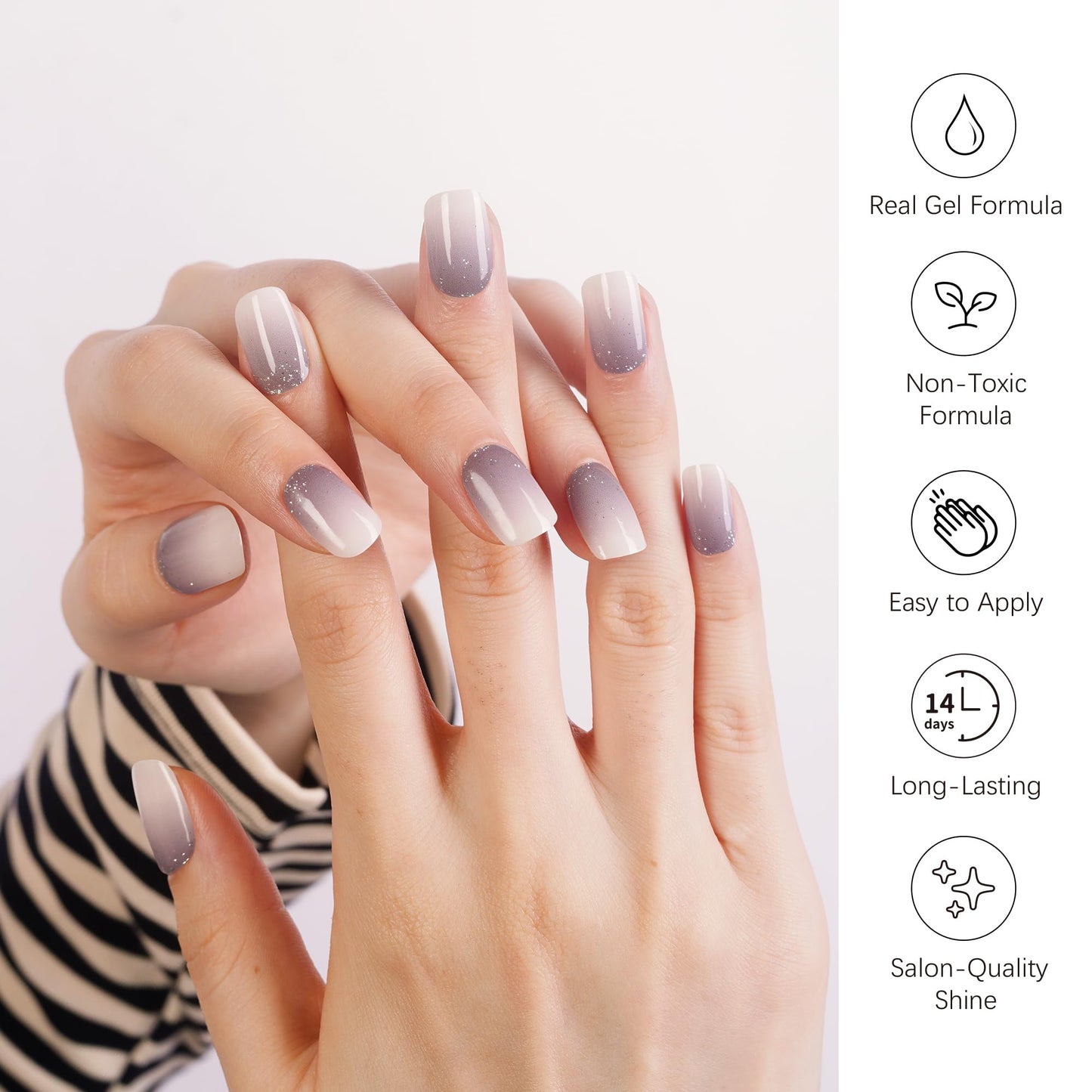 DANNI & TONI Semi Cured Gel Nail Strips Grey-to-White Ombre Glitter Gel Nail Wraps 28 Stickers | Ash Dream