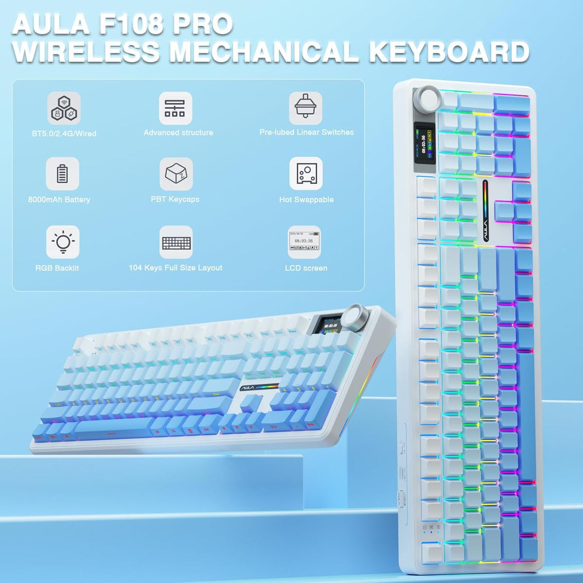AULA F108 PRO - Wireless Mechanical Keyboard with Screen&Knob,Hot Swappable Gaming Keyboard with 8000mAh Battery,Pre-lubed Switches,RGB Backlit,PBT Keycaps Creamy Sounding Computer Keyboards,104 Keys