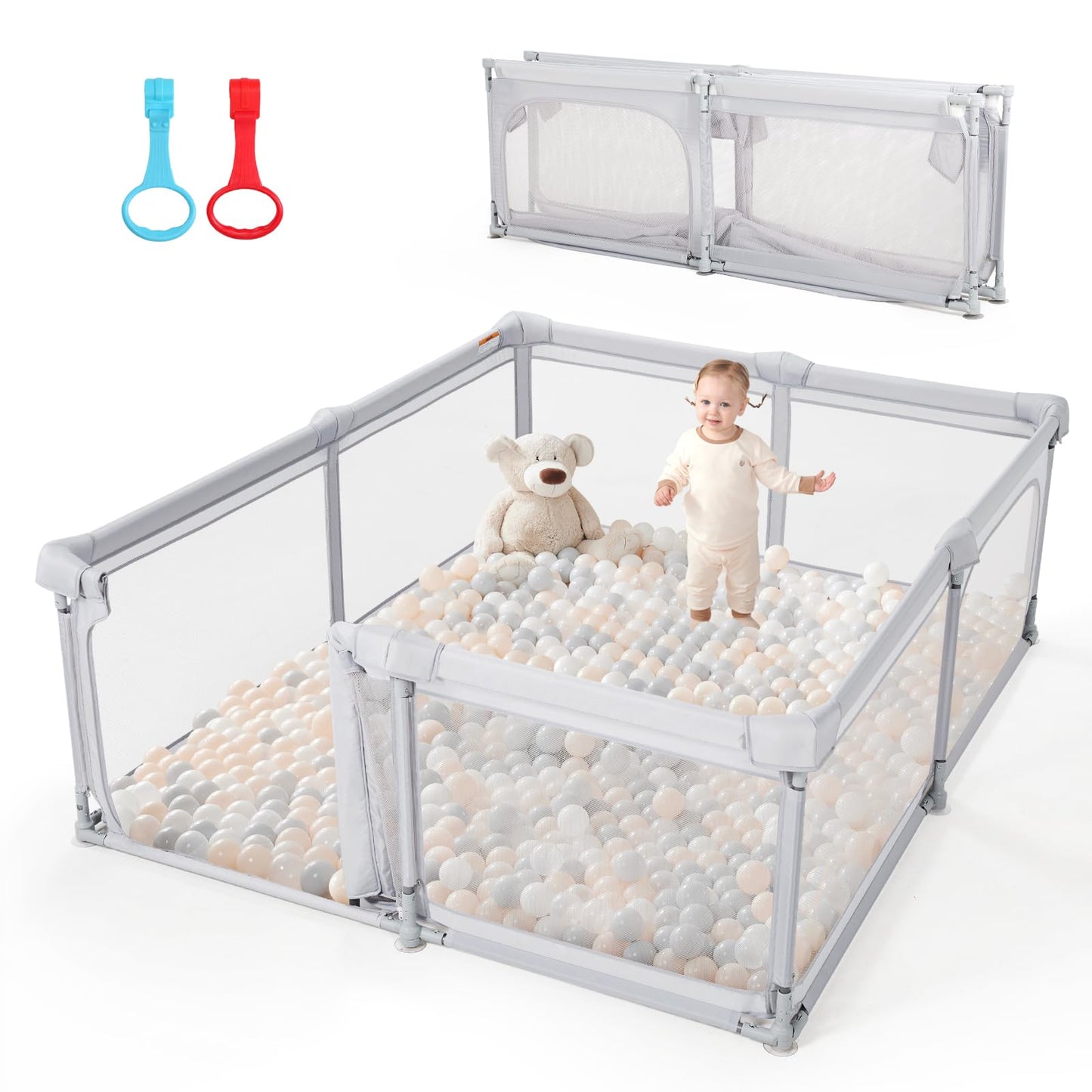 Baby Playpen,79"x59" Foldable Playpen for Babies and Toddlers with Gate,Large Play Pen with Zipper Door,Baby Play Pen Play Area(Light Grey)