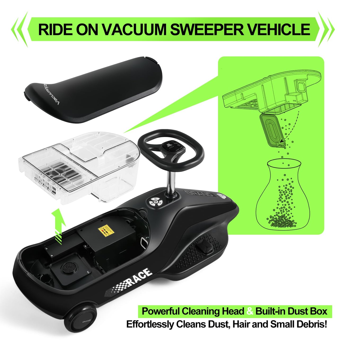 JOYLDIAS Kids Ride On Car with Vacuuming Function, 12V7AH Go Kart W/Detachable Cleaning Head Dust Box, 2 Speed 3-5km/h, Bluetooth Music, Electric Ride On Toy Car for Kids Toddlers Ages 3+,Black