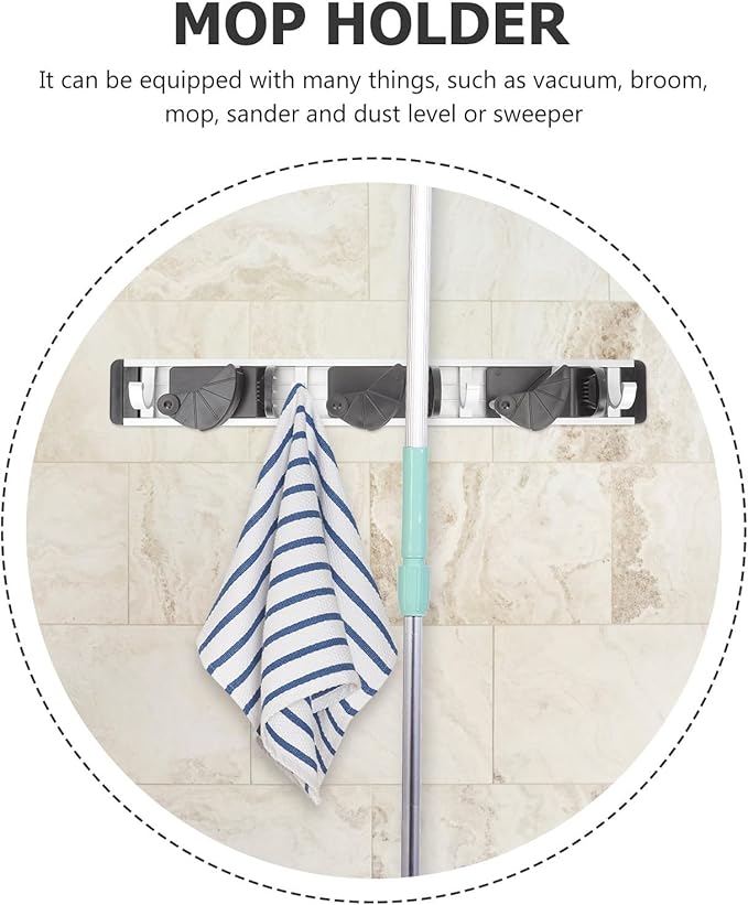 VICASKY Punch Free Mop Broom Holder Space Aluminum Wall Mount Rack with 4 Hooks Nail Free Hanging Organizer for Cleaning Supplies Storage in Kitchen and Garden
