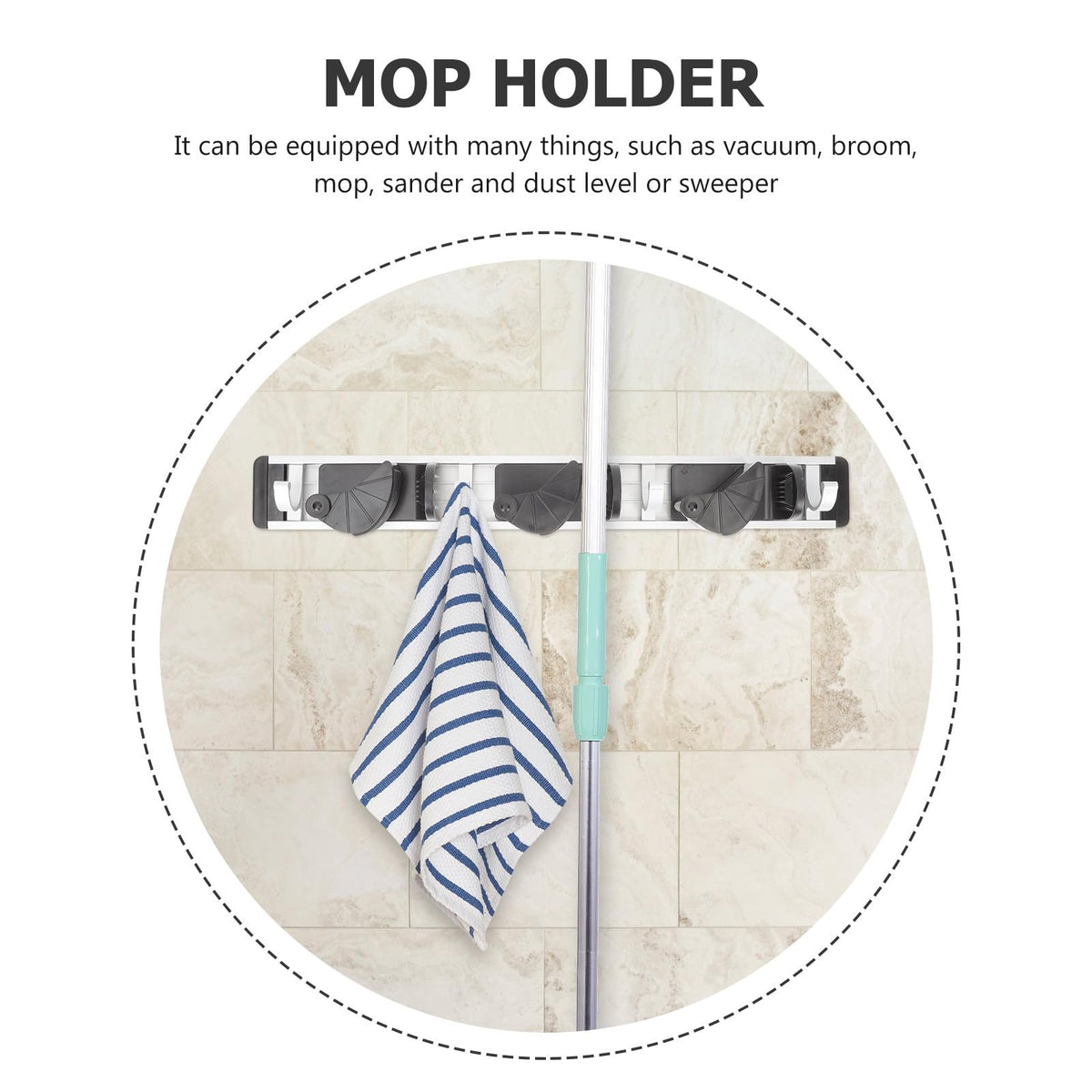 Punch Free Mop Holder Wall Mounted Broom Organizer Rack with Space Aluminum