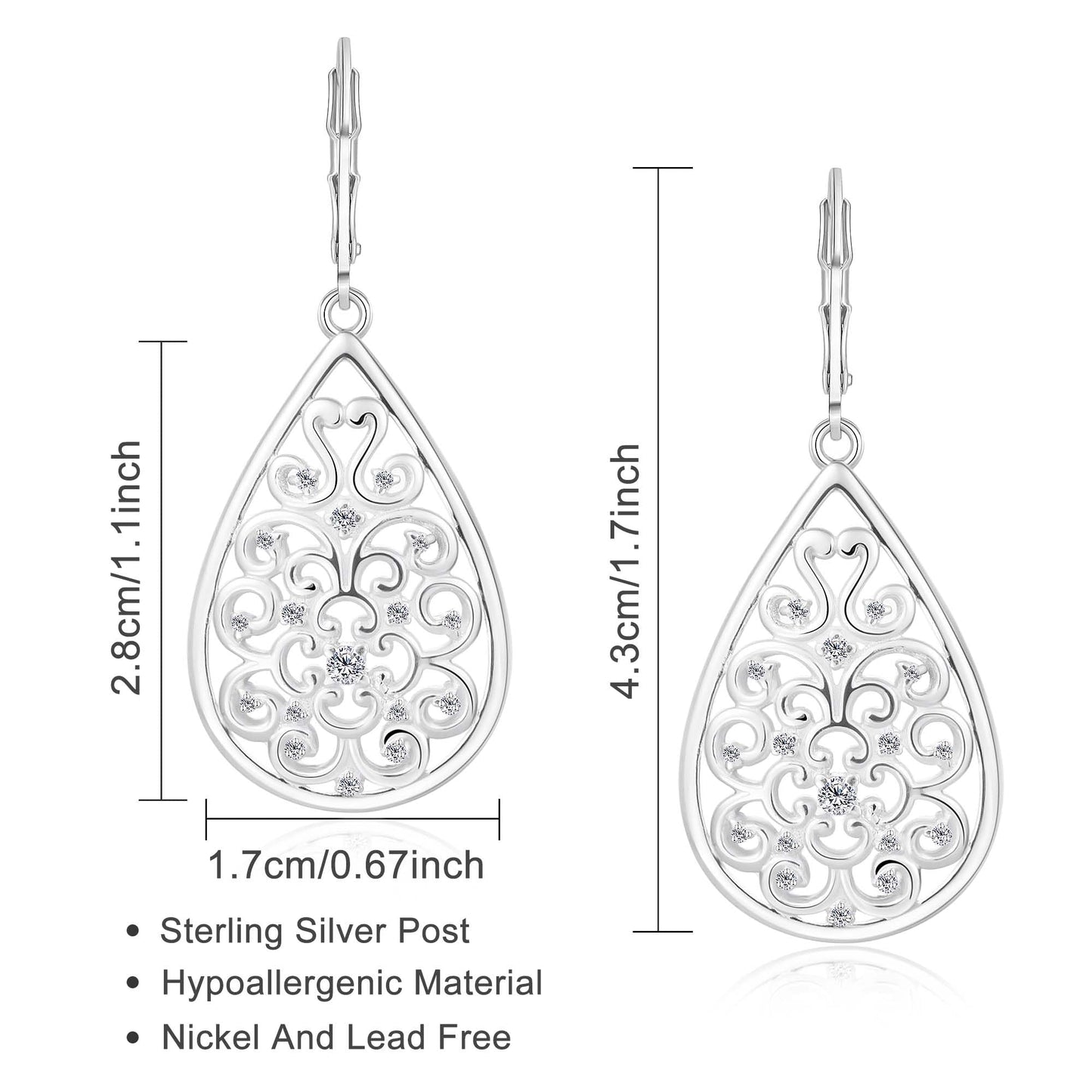 Sterlings Silver Teardrop Earrings for Women Silver Dangle Hypoallergenic Leverback Filigreee Silver Drop Earring Dangle for Sesitive earrs(Filigree-C-S)