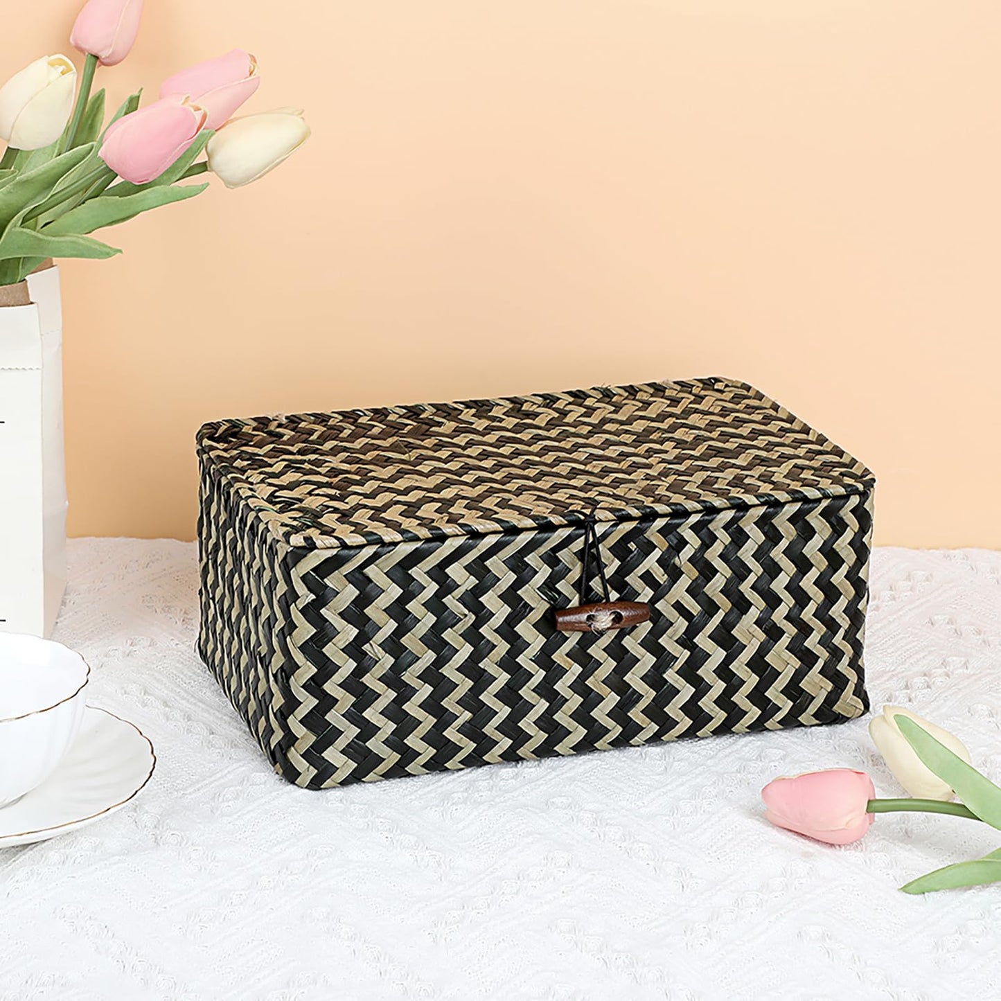 Hipiwe Seagrass Storage Baskets with Lid Woven Wicker Storage Bins for Organizing Natural Rectangular Home Organizer for Bedside Living Room Entryway Table,10.2" x 6.3" x 3.9"