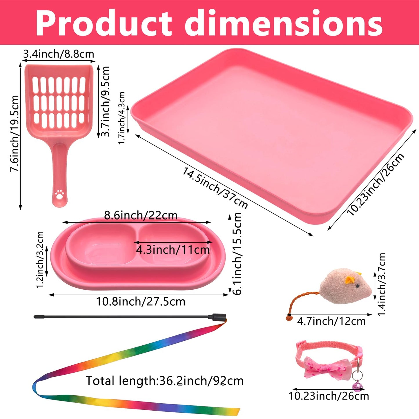 Kitten Starter Kit for Indoor Kittens, Pink Litter Box Access & Scoop, Dish Feeding Bowl, Adjustable Bell Collar, Mouse Toy - Low Entry Baby Cats Training Kits, New Kitten Essentials