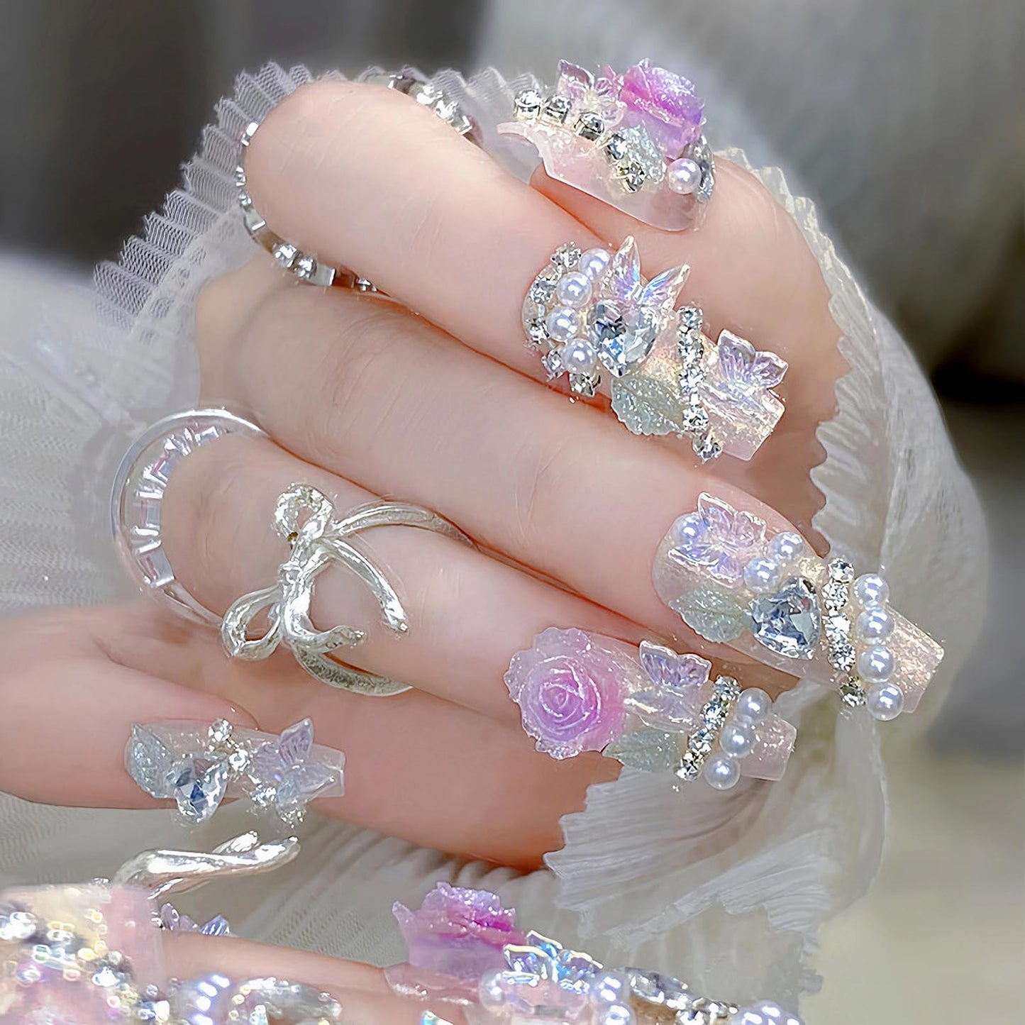 MISUD Press on Nails - Long Coffin Fake Nails with Pink Flower, Acrylic Handmade Pearl Rhinestone Design 24 pcs