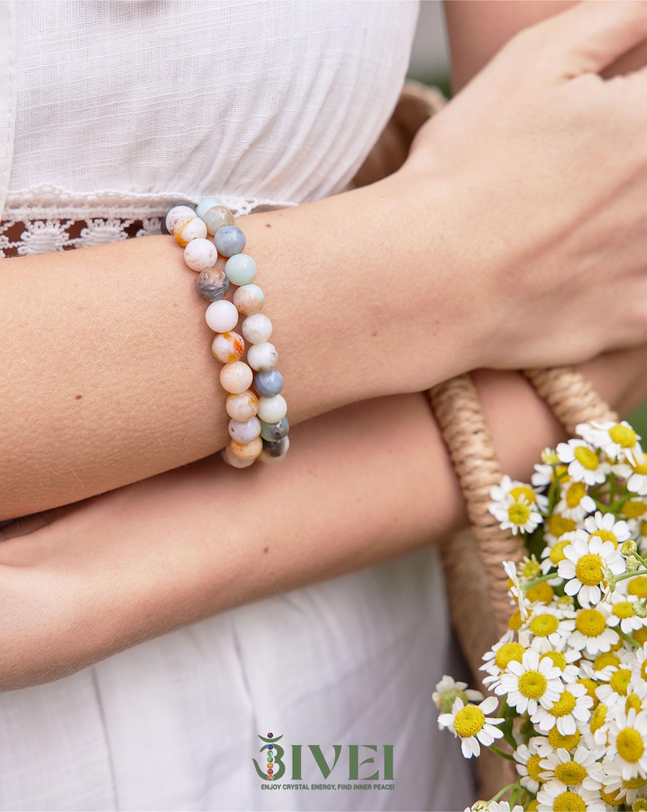 Bivei Natural Gemstone Semi Precious Crystals Handmade Stretchy Round Beads Bracelet, Enhance Positive Energy,Stocking Stuffers for Women(Bamboo Leaf Agate & Amazonite (Good Luck) Large)