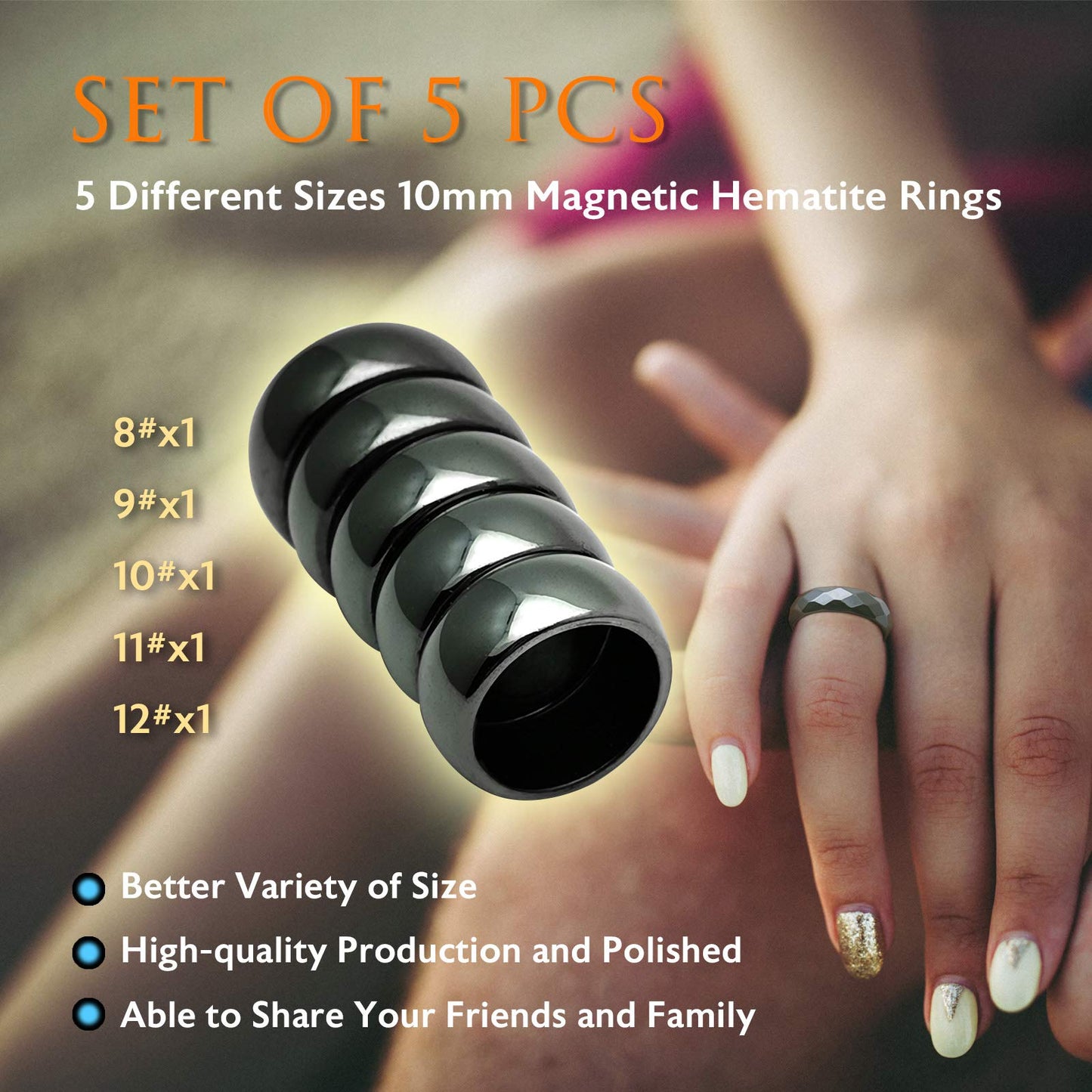 Morchic 5Pcs Pack Magnetic Hematite Stone Rings for Women & Men, Unisex Plain Band Set (10mm Width) - Mixed Sizes 8-12, Chakra Balancing, Polished Gemstone, Gift Ready