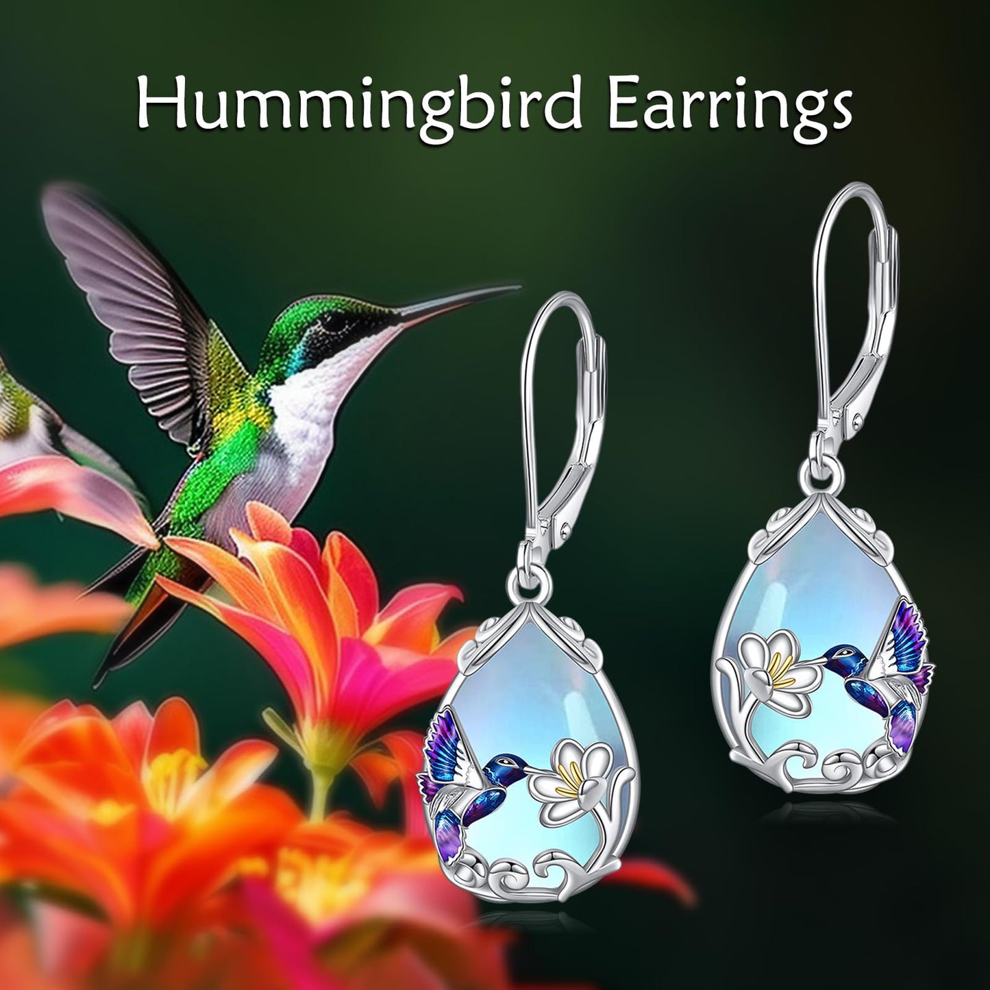 YFN Hummingbird Flower Dangle Earrings with Blue Enamel and Purple Moonstone Earrings, 925 Sterling Silver