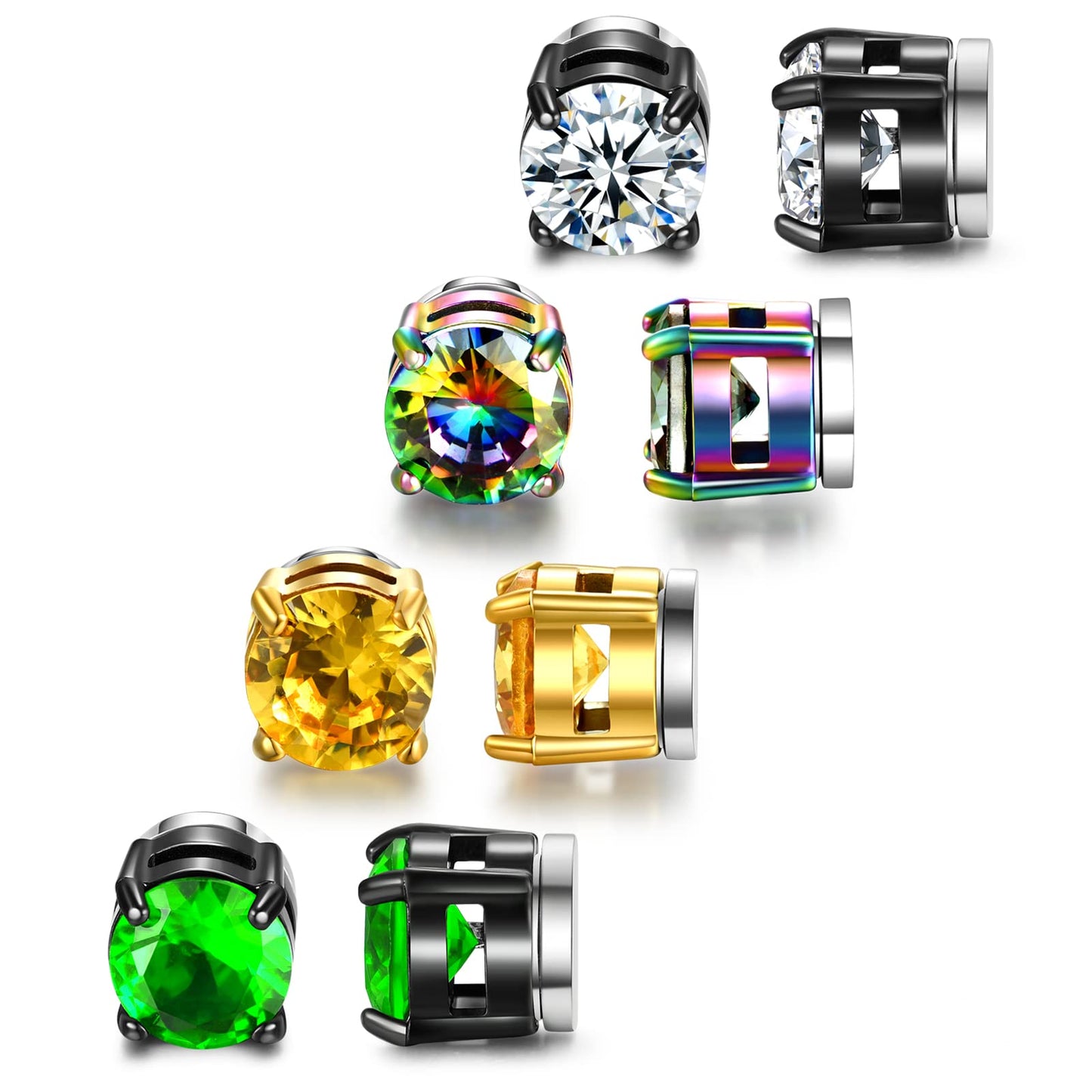 SIISPRI 4 Pairs Stainless Steel Magnetic Stud Earrings for Men Women Hypoallergenic Inlaid Cubic Zirconia Unisex Non-Piercing Clip On Stud Diamond Earrings Set