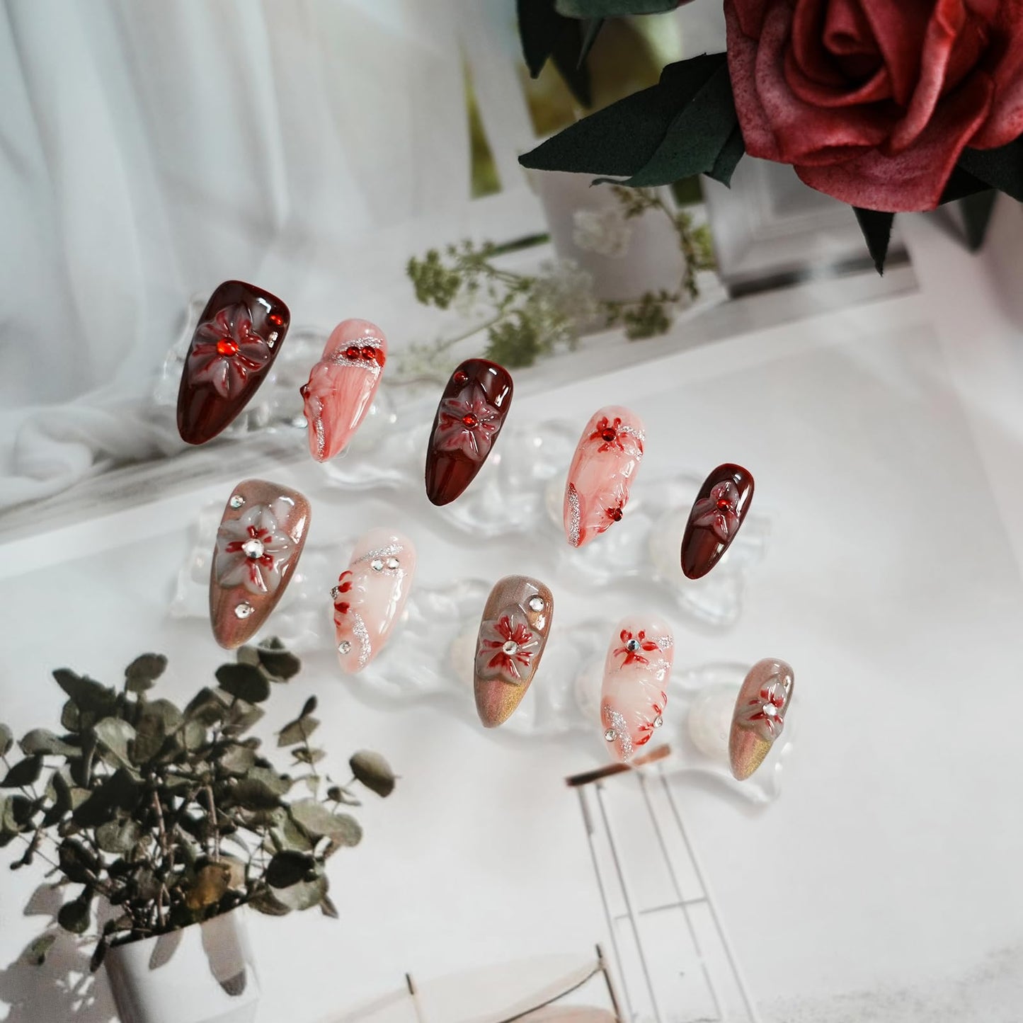 Tesytto Medium Almond Press on Nails – 3D Rhinestones & Red Ombre, Handmade Floral Thick Acrylic Gel Nails (Evil Flower, L)