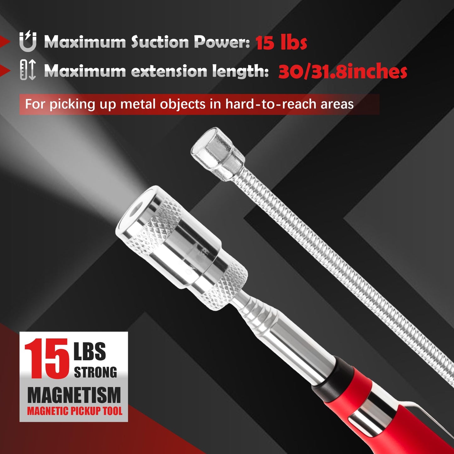 TOOLEAGUE 7Pcs Telescoping Magnetic Pickup Tool Set, Extendable LED Flashlight,Round & Square 360° Inspection Mirror for Men Mechanics, and Handymen, Red