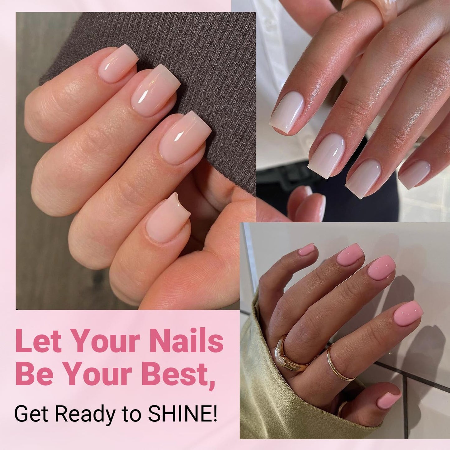 6 Pack Press On Nails Short, KQueenest Acrylic Press On Nails Square, Natural Bright Sheer Color Fake Nails Press On, Glossy Gel Glue On Nails Short Stick on Nails for Women Gift 144 Pcs
