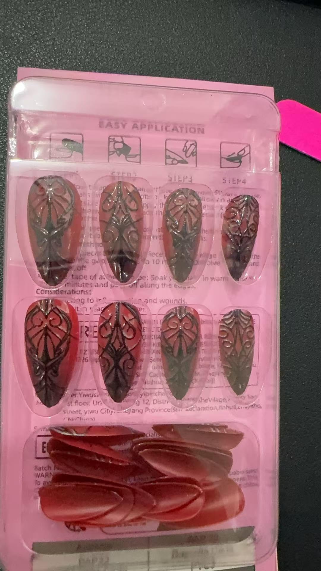 SEENEEY Long Almond Press on Nails Halloween Dark Red Artificial Fake Nails with Black Spider Web Designs Stick on Nail for Women 24pcs