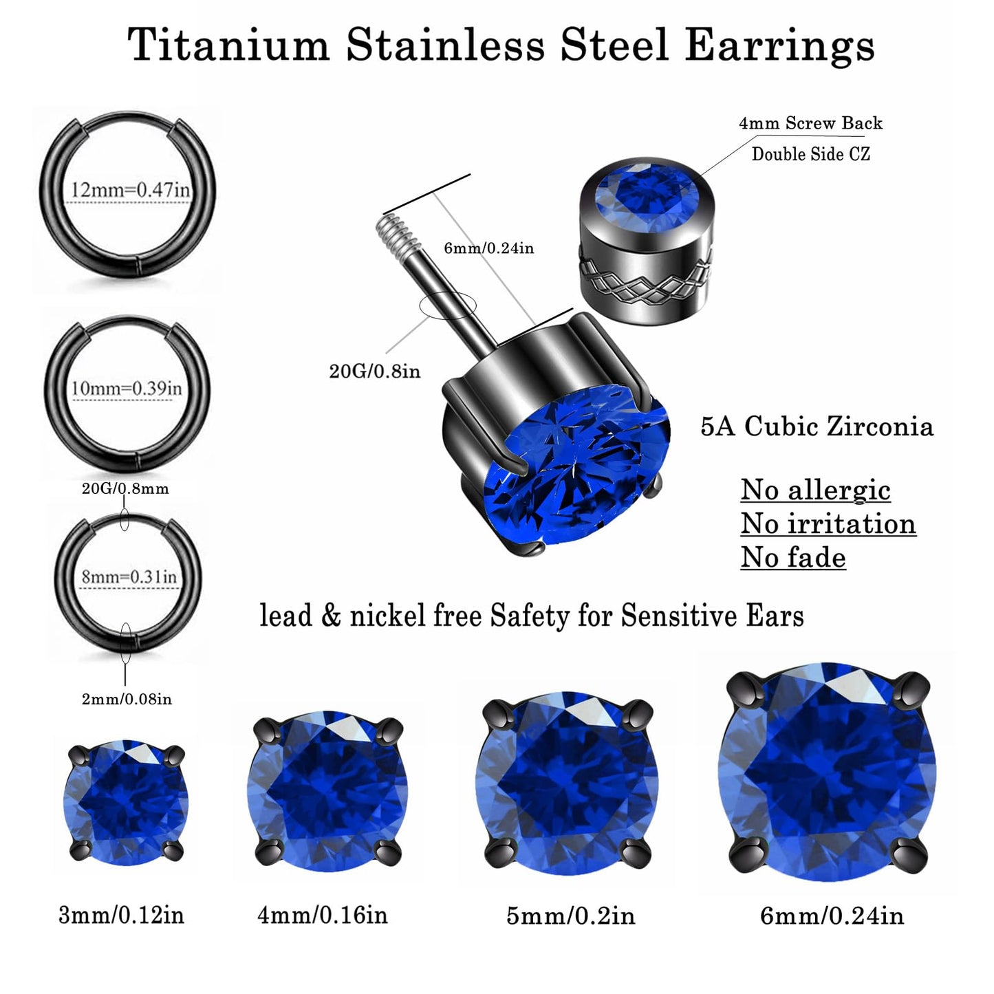 ZQGOFPT 7 Pairs Titanium Hypoallergenic Earrings, Rainbow 5A Cubic Zirconia Screw Back Studs, Women Men Surgical Stainless Steel Double Side Earrings, Piercing Sleeper Studs Jewelry