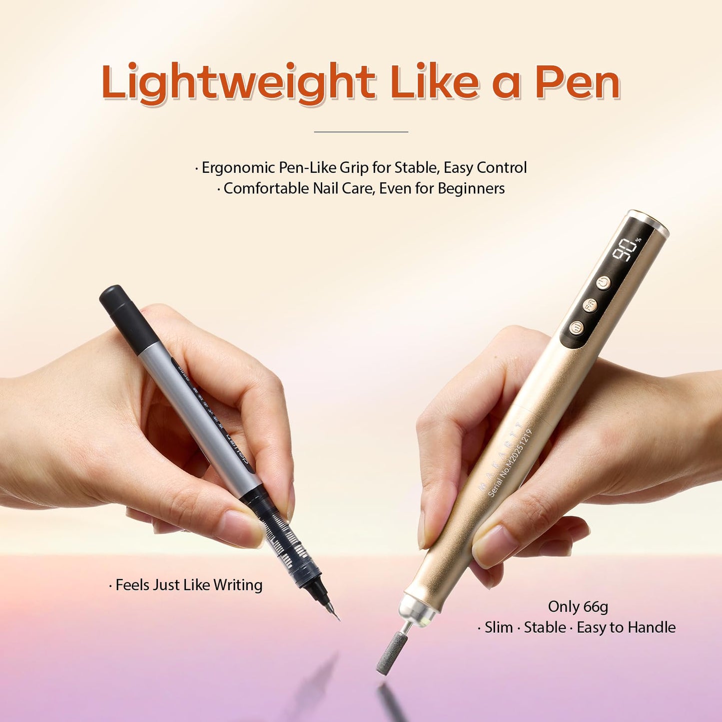 Makartt Pen-Shaped Rechargeable Nail Drill for Beginners: 25,000 RPM Cordless Electric Nail File with 5-Speed LED Display, Lightweight Quiet E File Kit for Gel Polish Removal, Home Travel Use(Gold)