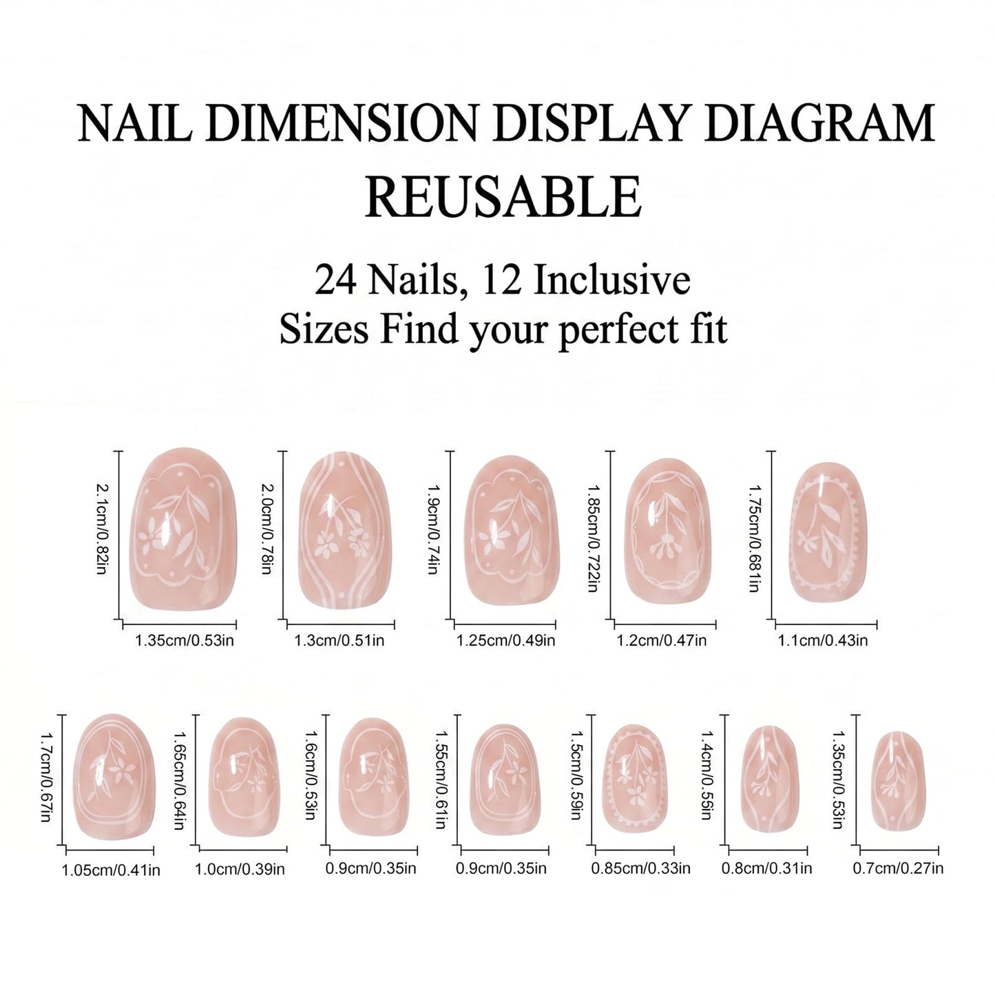 IMSOHOT Oval Press on Nails, Short Fake Nails, White Hand Painted Flower Frame Design, 24 Pcs Reusable Glue on Nails for Women