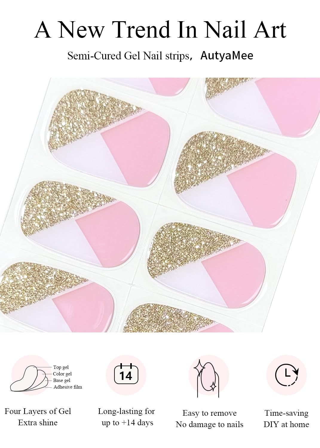 AutyaMee Semi Cured Gel Nail Strips (Gold Glitter French), White, 30 Pcs Gel Nail Wraps, Stickers, UV Light Required