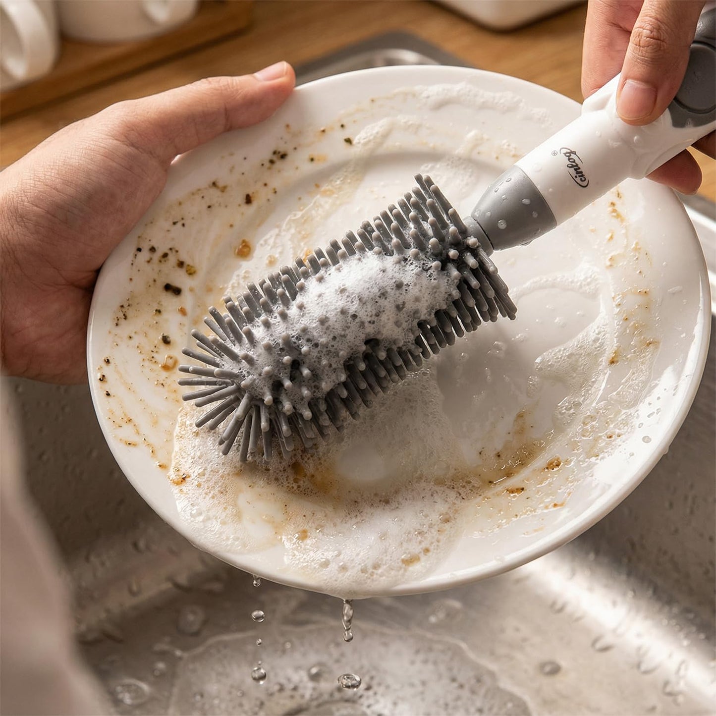 Soap Dispensing Brush Cleaner for Kitchen, Glassware, Mugs, and Plates, BPA Free Silicone Bristles, Portable Comprehensive Multi-Purpose Cleaning