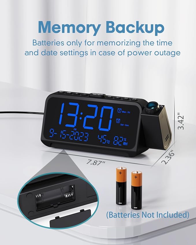 Roxicosly Projection Alarm Clock for Bedroom Ceiling, 118 dB Super Loud for Heavy Sleepers, 6.7" Large Digital Dimmable Display with Day Date Indoor Temp Humidity, Dual Alarms Adjustable Volume
