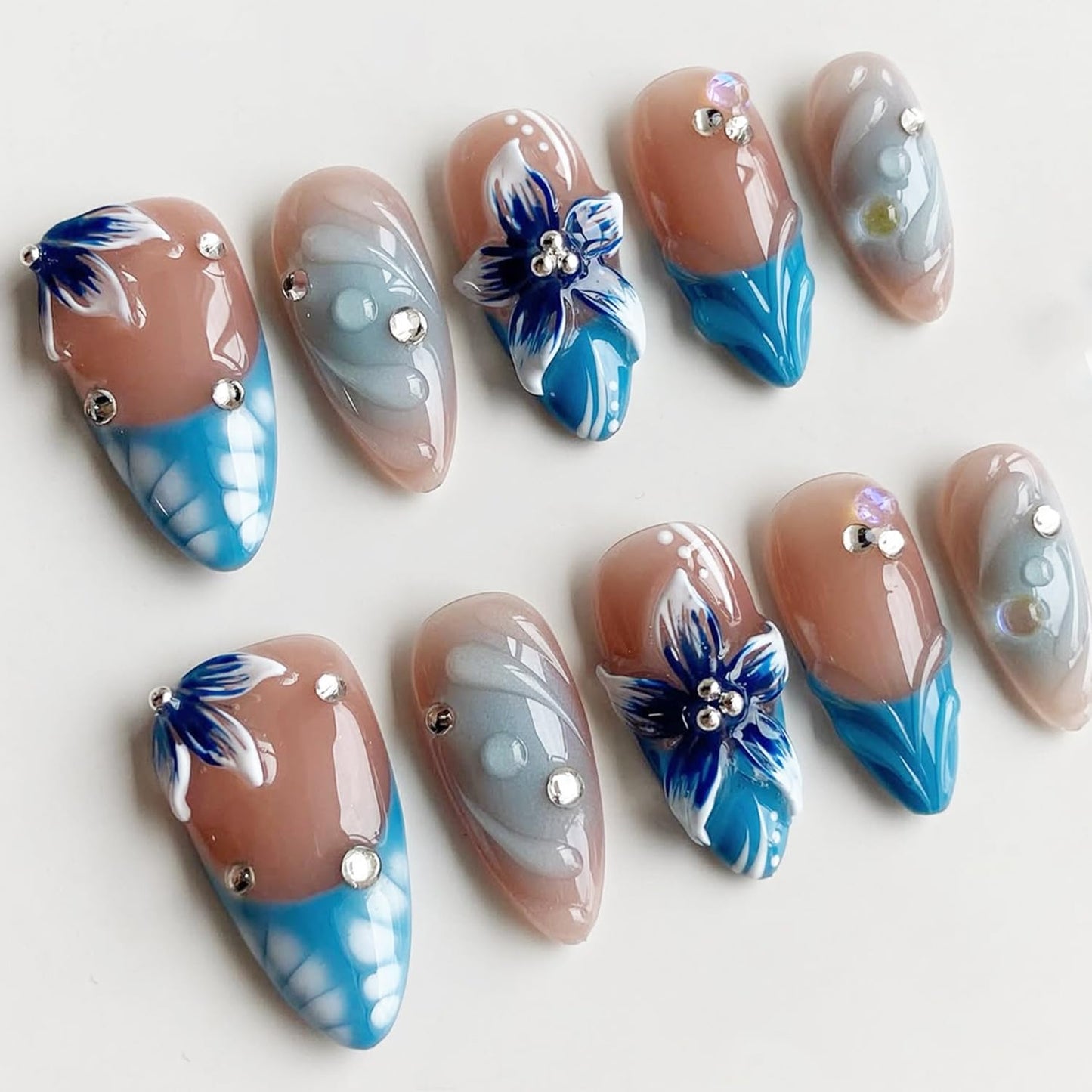 30Pcs Blue Flower Press on Nails Medium Almond Fake Nails with Sliver Beads Rhinestone Design Summer Glue on Nails Glossy Full Cover Handmade False Nails Reusable French Tip Acrylic Nails for Women