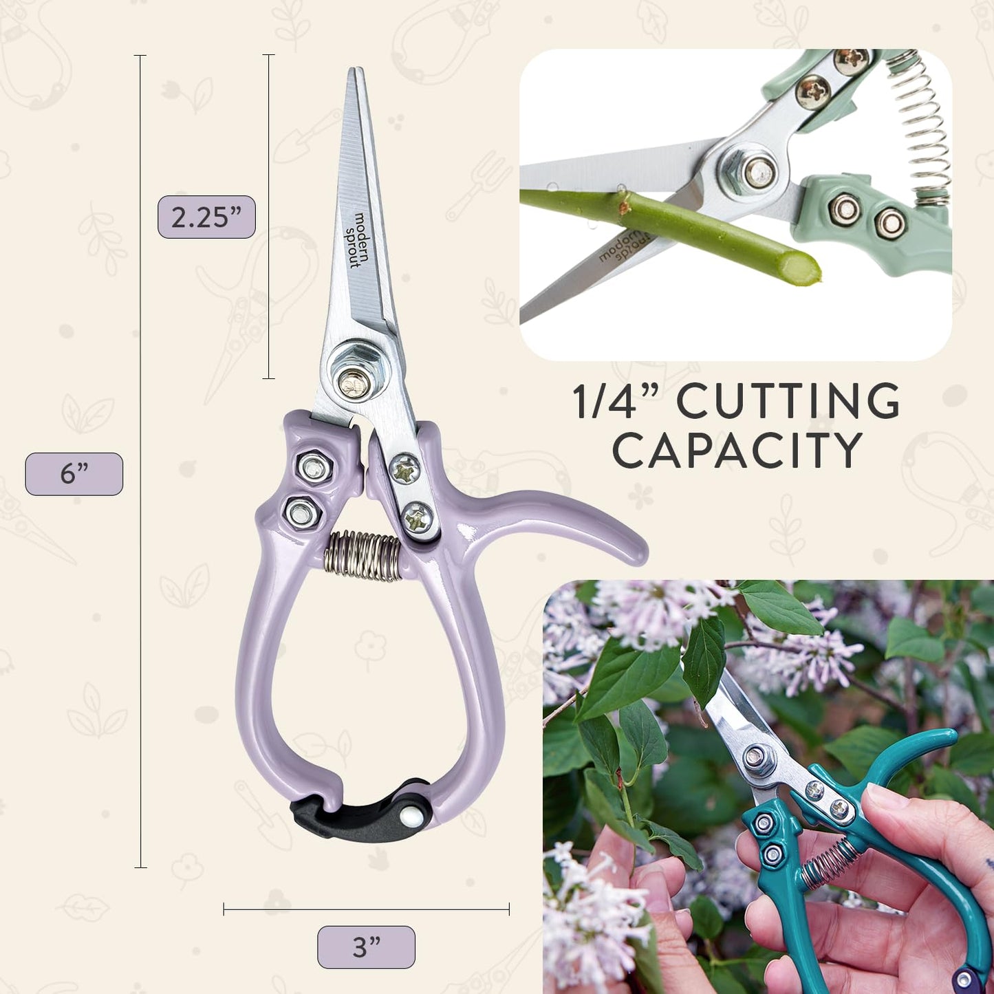 Modern Sprout Pruning Shears - Herb Snipping Scissors- Lightweight Gardening Tools W/Easy Lock - Flower Cutter Garden Shears - Carbon Steel Blade + Reusable Holster (Lavender, 1-Pack)