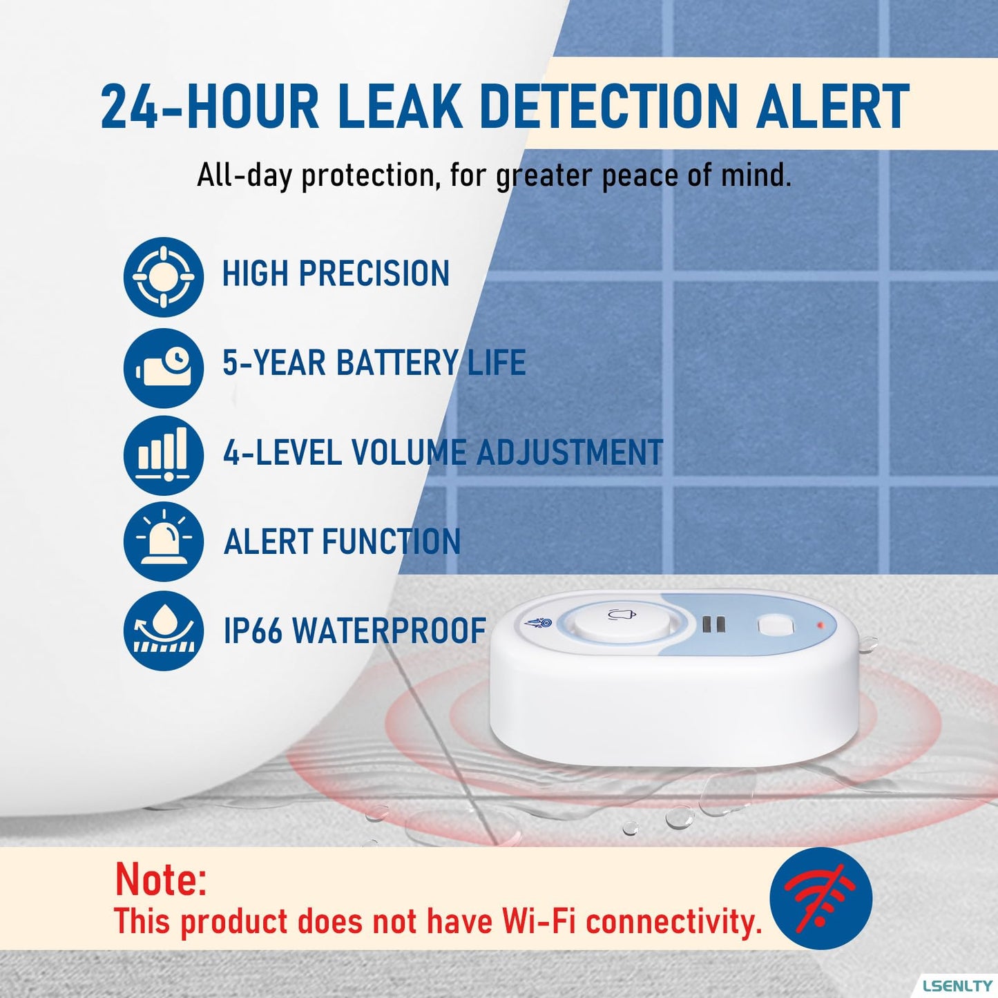LSENTLY Water Leak Detector Supports 5 Years Standby Time, LED Indicator & 100dB Leak Alarm & Low Battery Reminder Water Alarm, IP66 Waterproof for Home, 3 Pack (Cannot Connect Wi-Fi)