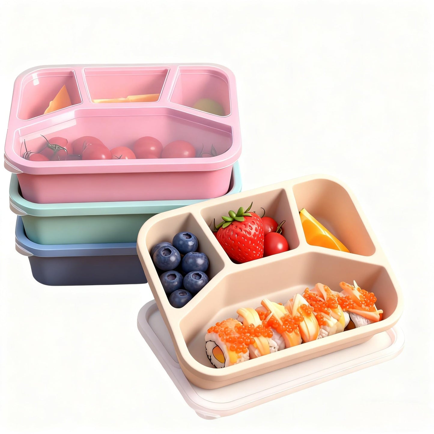 Bento Lunch Box 4-Compartment for Adults 4 Pack – Reusable Meal Prep & Snack Containers with Clear Lids, Stackable Food Storage Boxes Wheat Straw, lightweight for Work, Travel