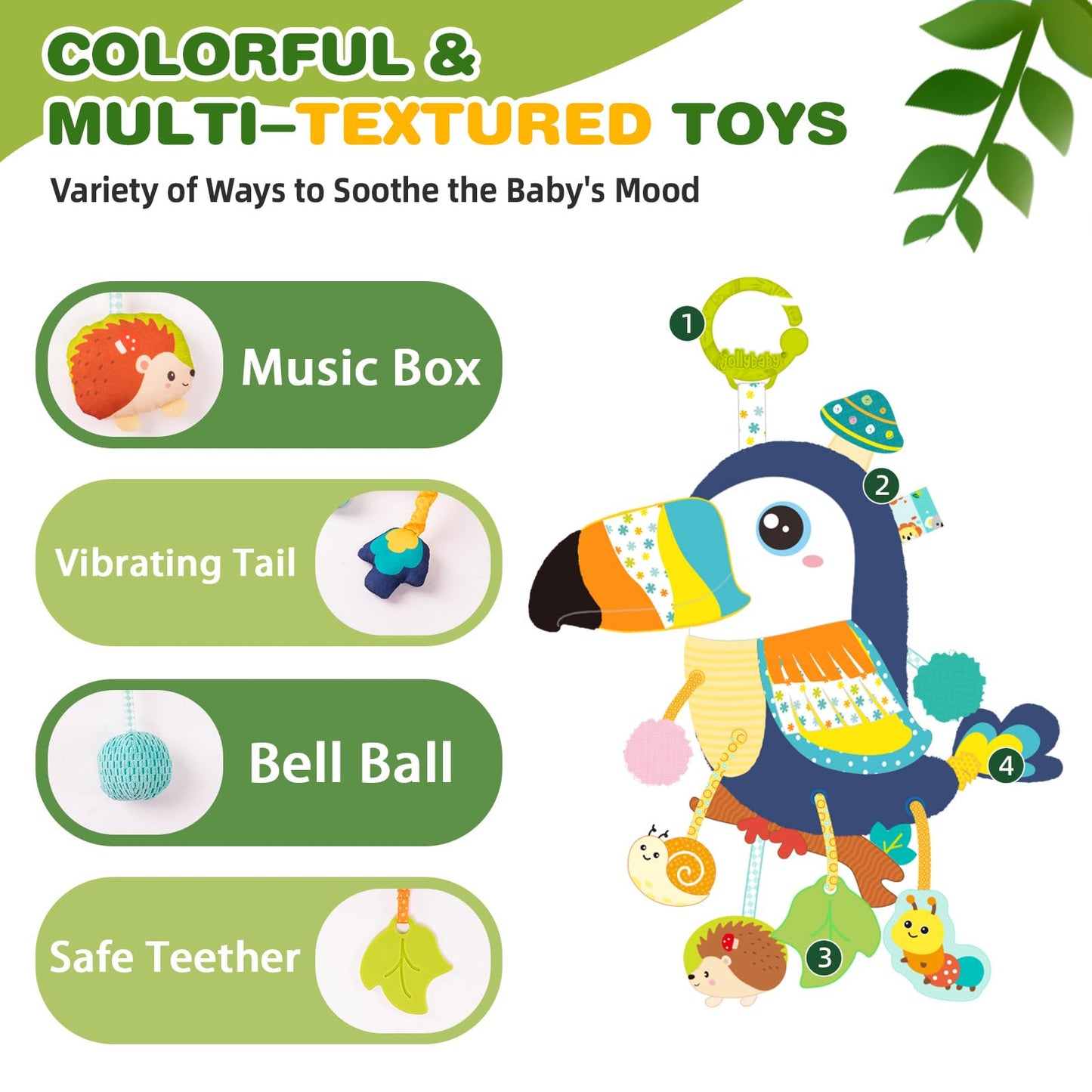 Jollybaby Musical Activity Pull String Hanging Toy for Baby Stroller Car Seat Crib Play Gym, Plush Stuffed Toucan Toy for Carseat with Music Teether Rattles, Sensory Toy for Baby Gift