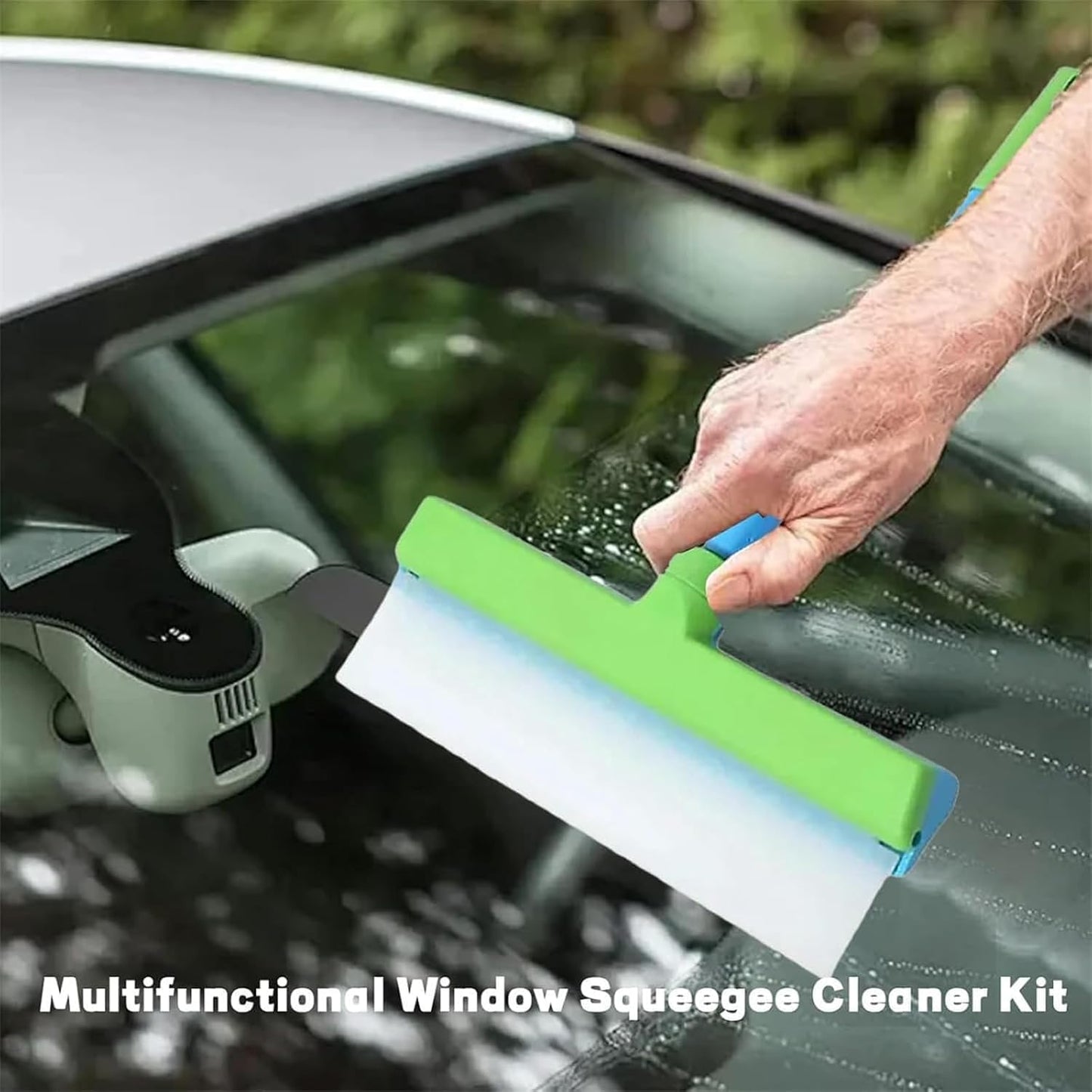 Byblix Squeegee, Byblix Window Squeegee, Byblix Recyclable Silicone Window Squeegee Kit, 3 in 1 Window Cleaning Scraper with Silicone Squeegee&Microfiber Scrubber, Blue+Green 2pcs