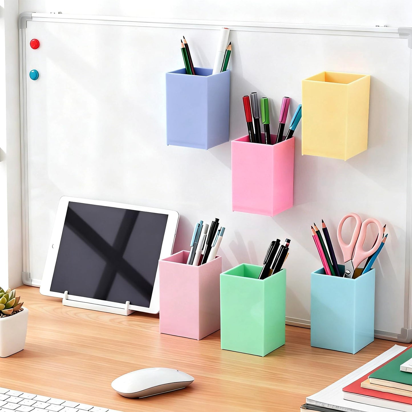 gisgfim 6 Pcs Classroom Magnetic Storage Boxes Magnetic Storage Containers Plastic Dry Erase Marker Holder Plastics Pen Holder for Refrigerator Whiteboard Home Office School Organizer Supply (Pastel)