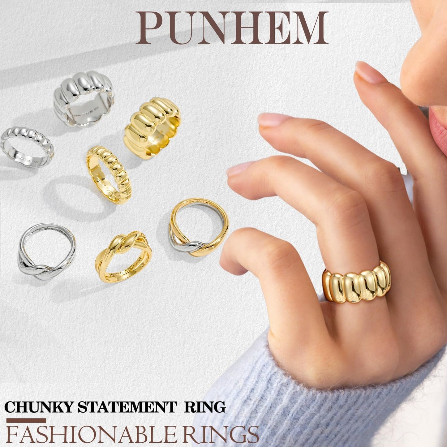 Punhem Chunky Gold Statement Rings for Women 14K Gold Silver Tone Non Tarnish Cute Puffy Dome Croissant Thumb Band High Polished Smooth Comfort Fit Size 5-10