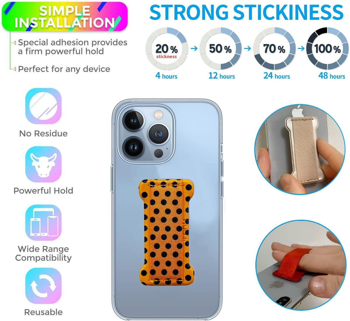 Phone Grip Holder for Hand, Universal Finger Strap Phone Holder, Finger Selfie Grip Compatible with Most Smartphones (Black Polka Dots) -2Pack