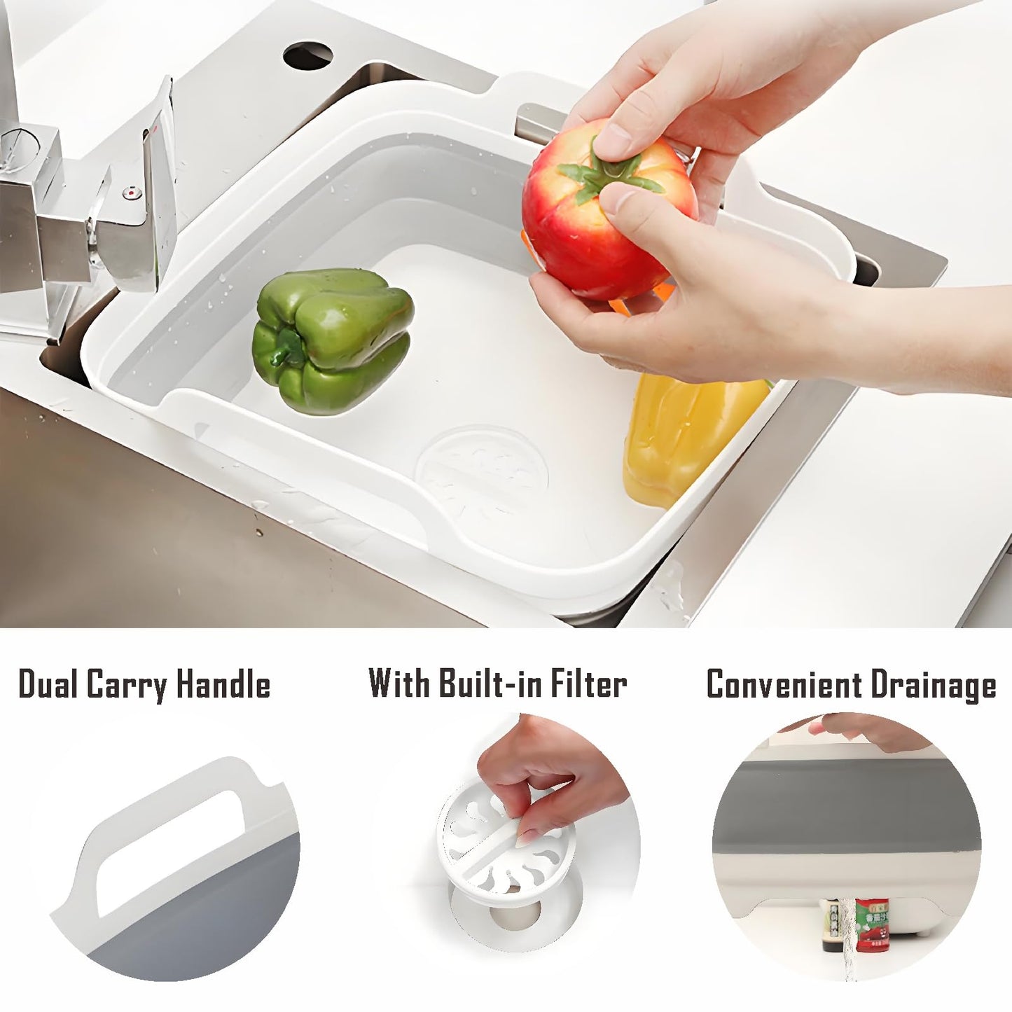 Collapsible Dish Basin with Drain Plug, 9L 2.4 Gallon Portable Wash Basin Dishpan Space Saving Dish Washing Tub Foldable Sink Tub Kitchen Storage Tray Grey