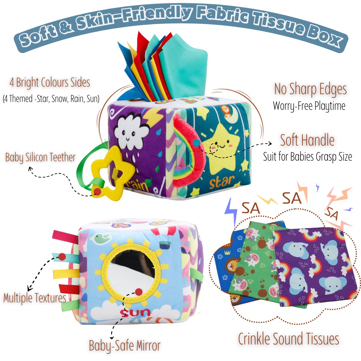 Vamotto Tissue Box Toy for Baby, Montessori Sensory Pull Toy with 12 Durable Cloth Scarves & Crinkle Paper for 6-12 Months Infants, Early Learning Educational Motor Skills Development Gift