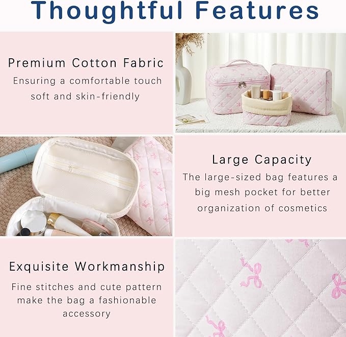 3Pcs Aesthetic Cotton Quilted Drawstring Makeup Bag Set, Aesthetic Cute Bow Makeup Pouch for Girls and Women, Aesthetic Travel Organized Cosmetic Bags for Purse(03Small Pink Bow)