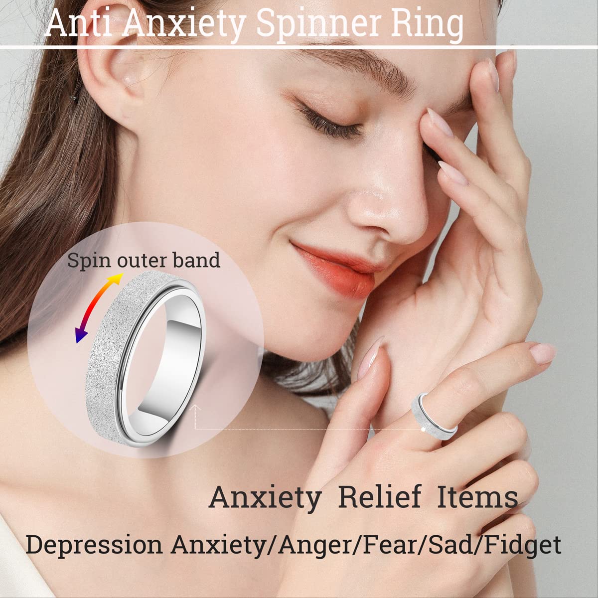 OreilleStar Anxiety Ring for Women Fidget Spinner Ring Fidget Toys Adults Titanium Stainless Steel Thumb Ring 6mm Wide Sivler Size 7