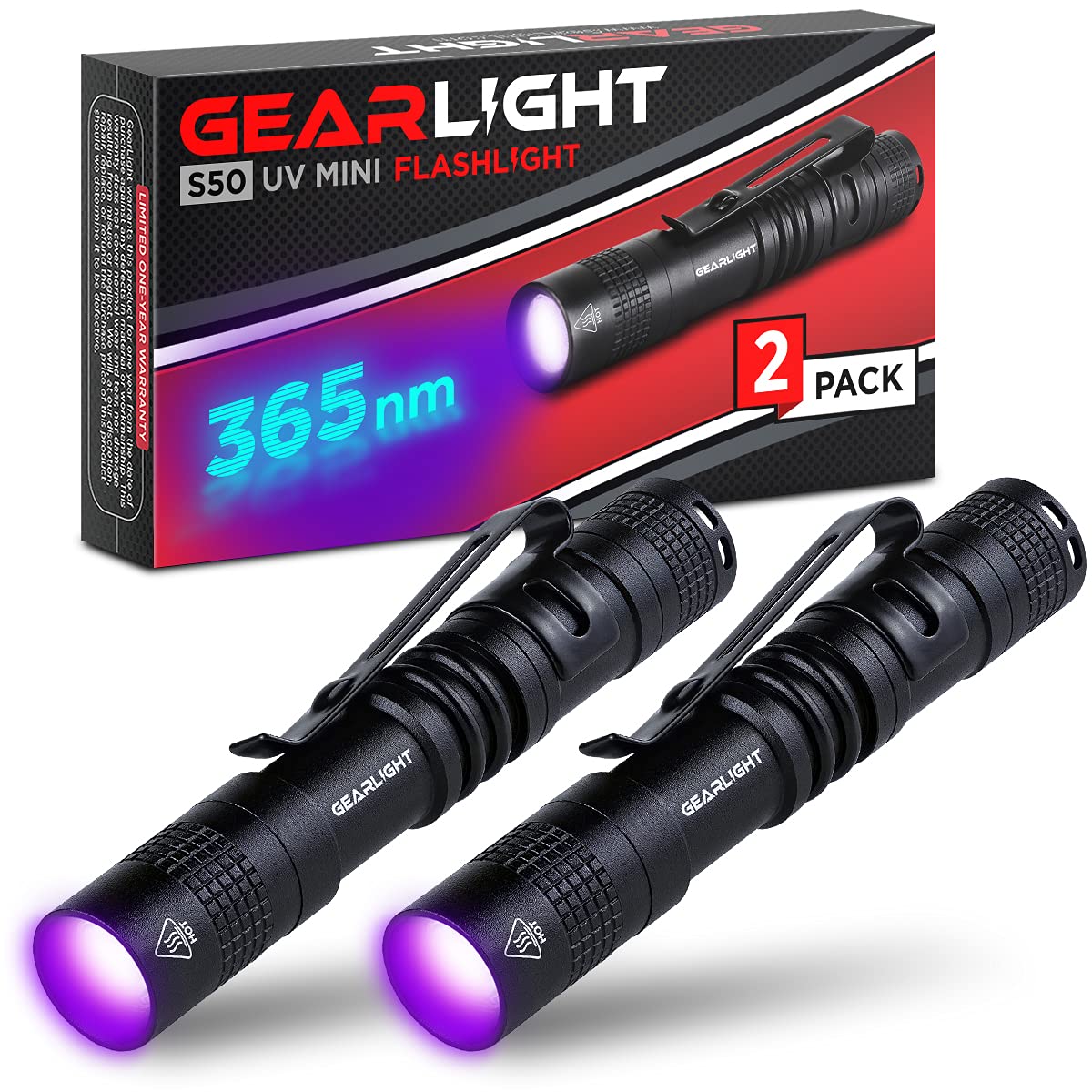 GearLight UV Flashlight S50-365 nm Mini Blacklight Ultraviolet Pen Flashlights for ID Check, Leak AC Detection, Resin Curing - Pet Urine, Scorpion, Stain Handheld Detector - (Pocket Light) - 2 Pack