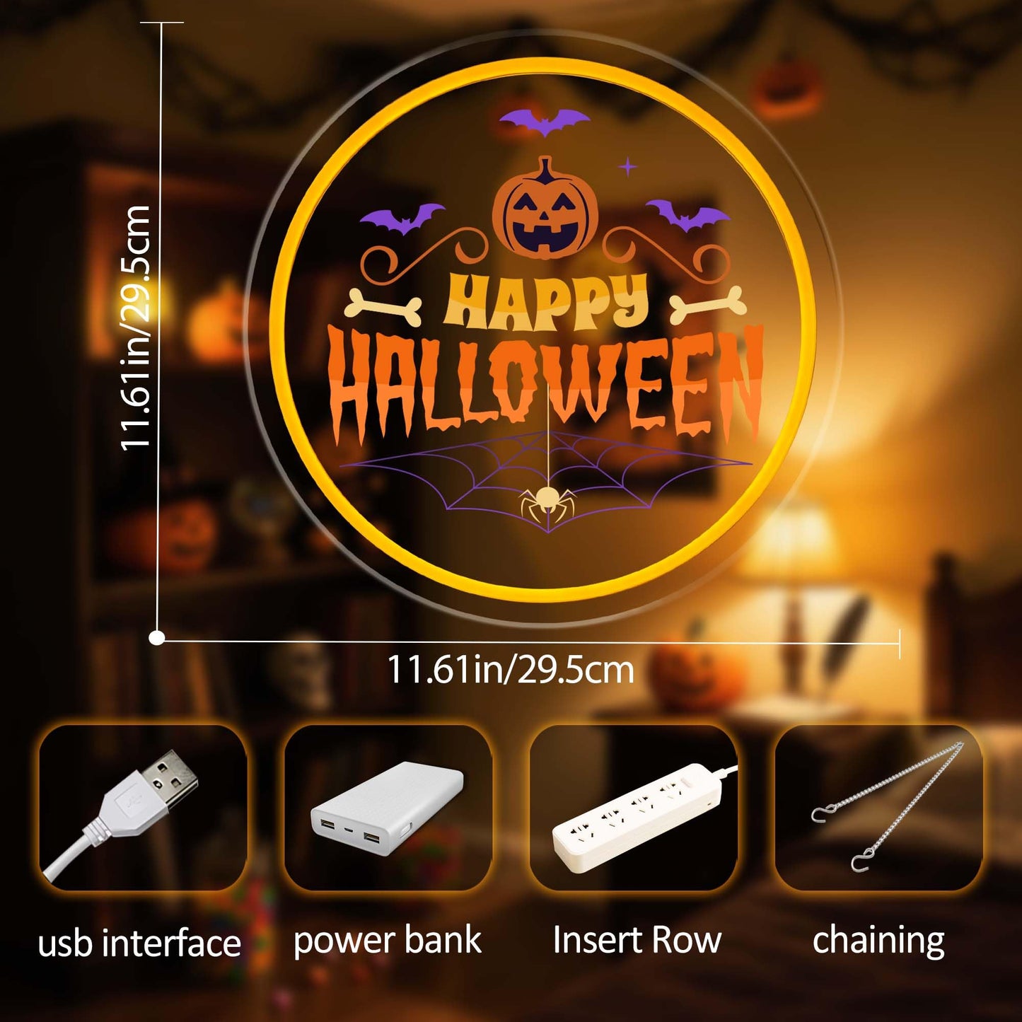 Happy Halloween Neon Sign, Round Pumpkin LED Wall Light with Spider Web and Bats, Halloween Party Wall Decor, Adjustable Brightness Neon Lamp with Mounting Kit 11.6" × 11.6"