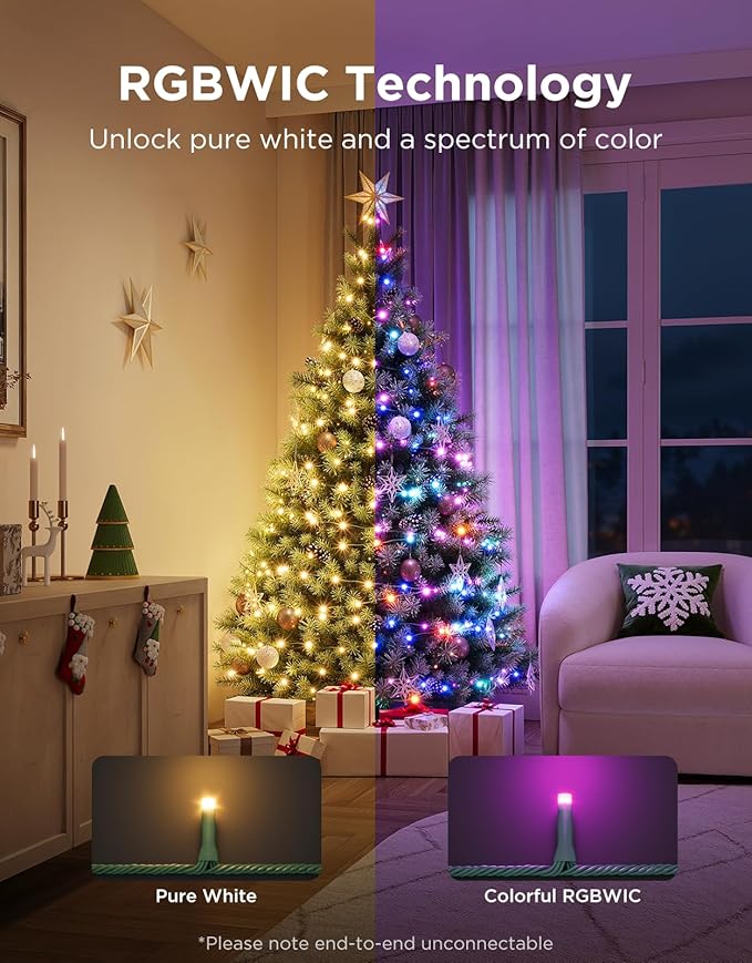 Govee Christmas Sparkle String Lights 66ft, RGBWIC String Lights with 250 Bullet-Head LEDs, App-Controlled, 140+ Scene Modes, 3D Shape Mapping, Works with SmartThings, Indoor Holiday Decorations