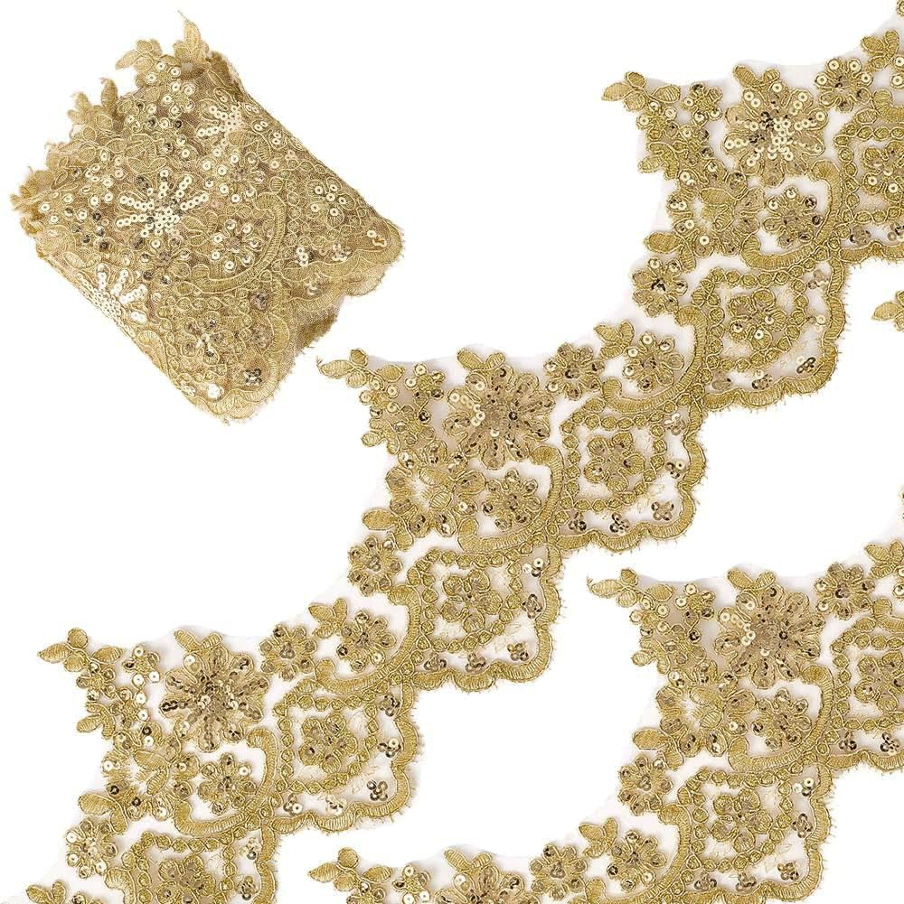 GORGECRAFT 5.7 Inch Width Gold Metallic Venice Lace Trim 2.6 Yards Sequin Flower Embroidery Lace Ribbon Applique Sewing Floral Crown Edge Trimming for DIY Crafts Clothes Wedding Home Decor