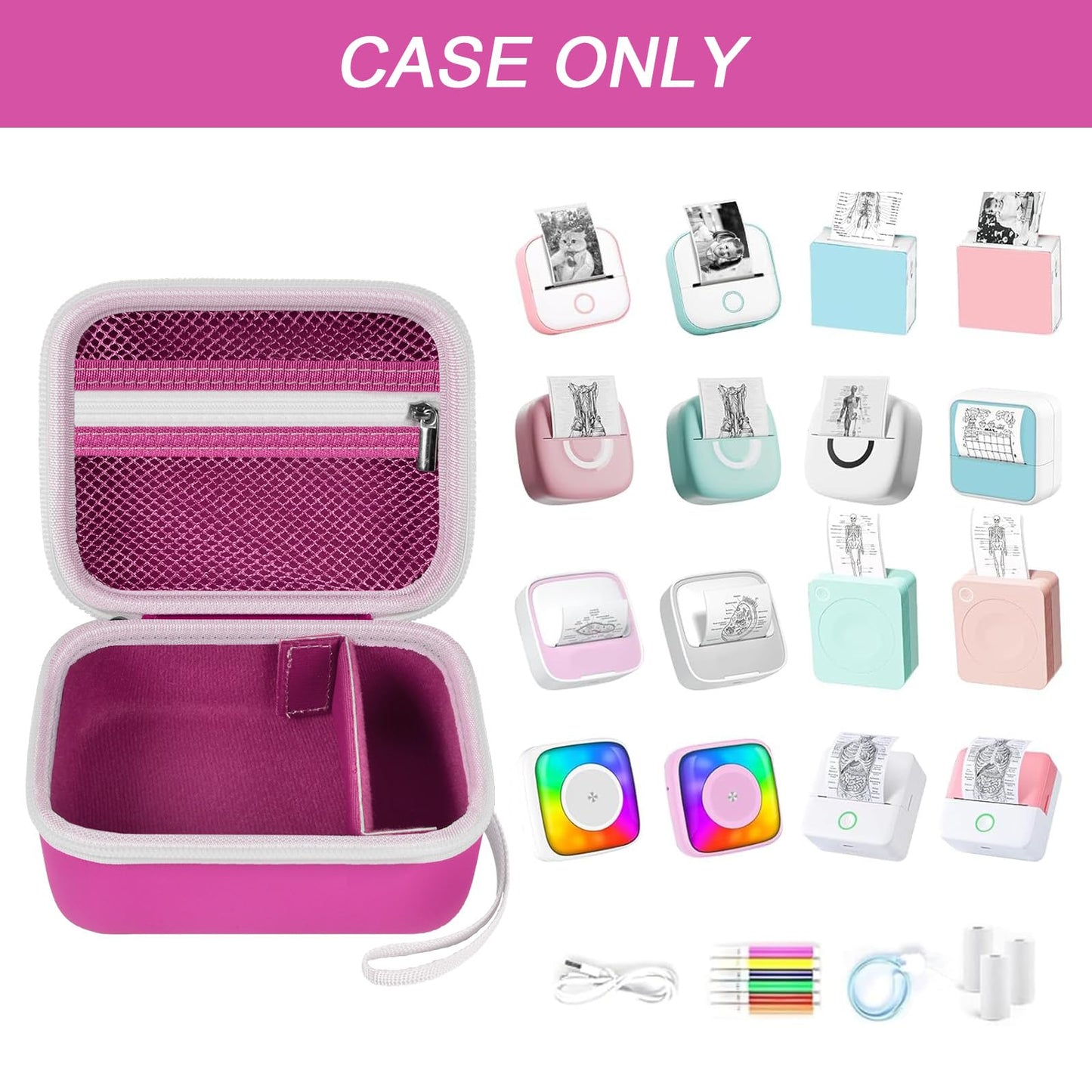 ANKHOH Label Maker Case for Memoking T02/ for Phomemo M02/ M02S/ M02 Pro/ Q30S/ for Ponek Mini Pocket Printer, Portable Sticker Printer Storage Holder Organizer Bag Paper&USB Cables, Box Only (Rose)