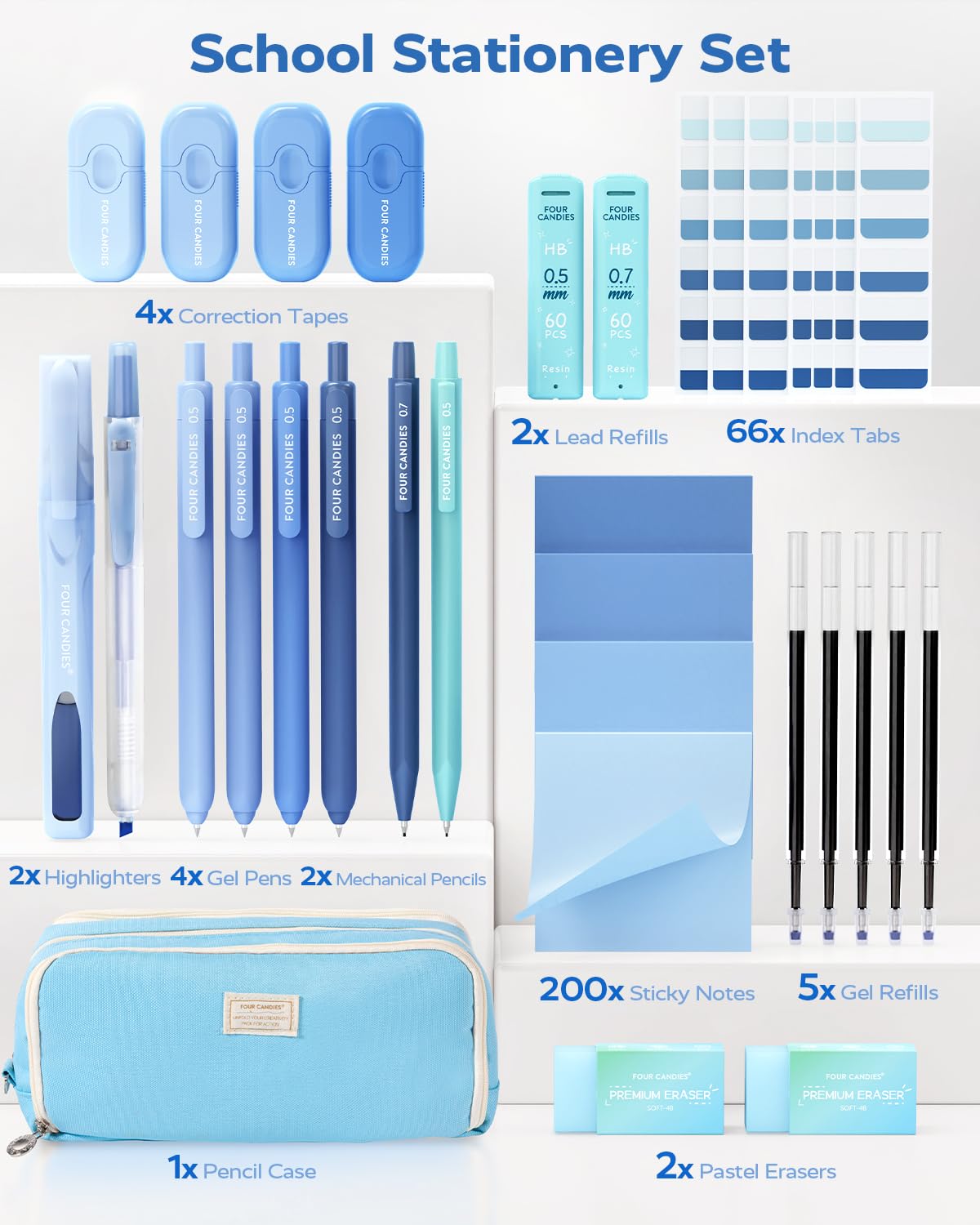 Four Candies Blue School Supplies, Gel Pens with Black Ink, Correction Tapes,Pastel Highlighters, Mechanical Pencils, Sticky Notes, Index Post for Bible Study Stationary College Essentials