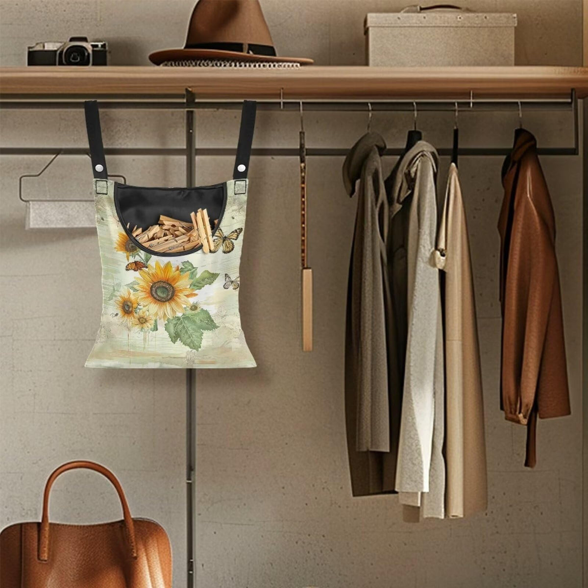 Sunflowers Butterfly Clothespin Bag for Clothesline Outdoor Storage with Hanger Hook