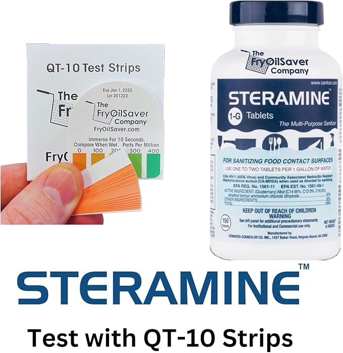 Pack of 4 (600 Tab) Steramine Sanitizing Tablets w/ 30x QT-10 Test Strips by FryOilSaver Co., Steramine Multi Purpose Contact Solution Sanitizer Tablets for Gym, Hotel, Bar, Restaurants & Food Service